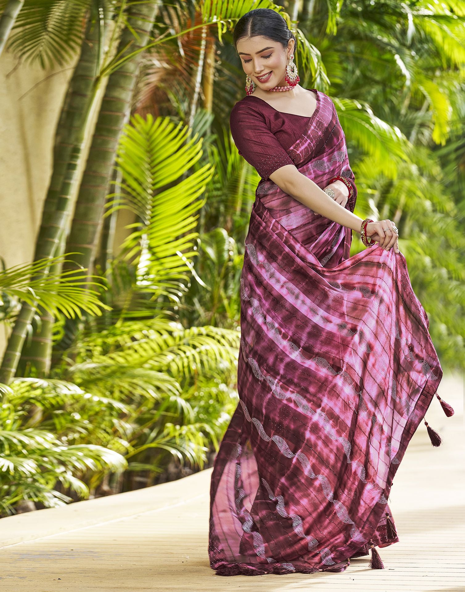 Maroon Self Design Stones work Chiffon Saree