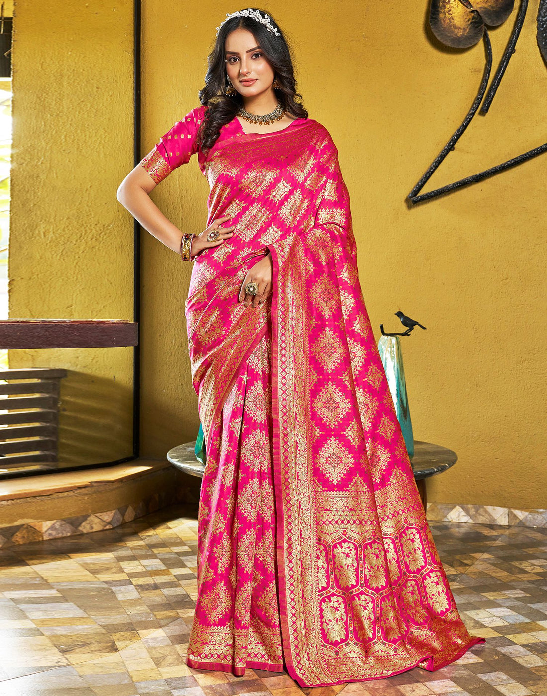 Rani Pink Jacquard Silk Saree