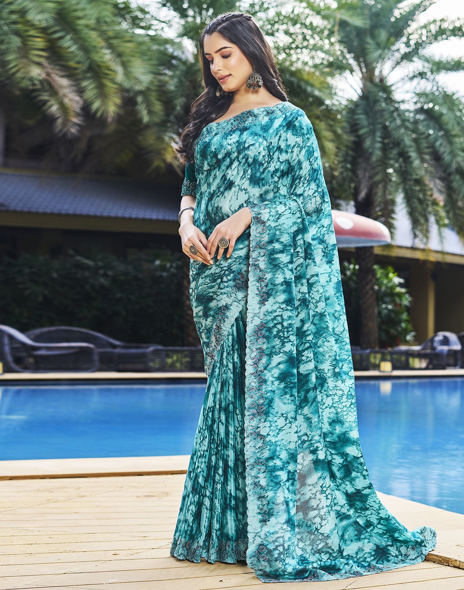 Turquoise Printed Silk Saree