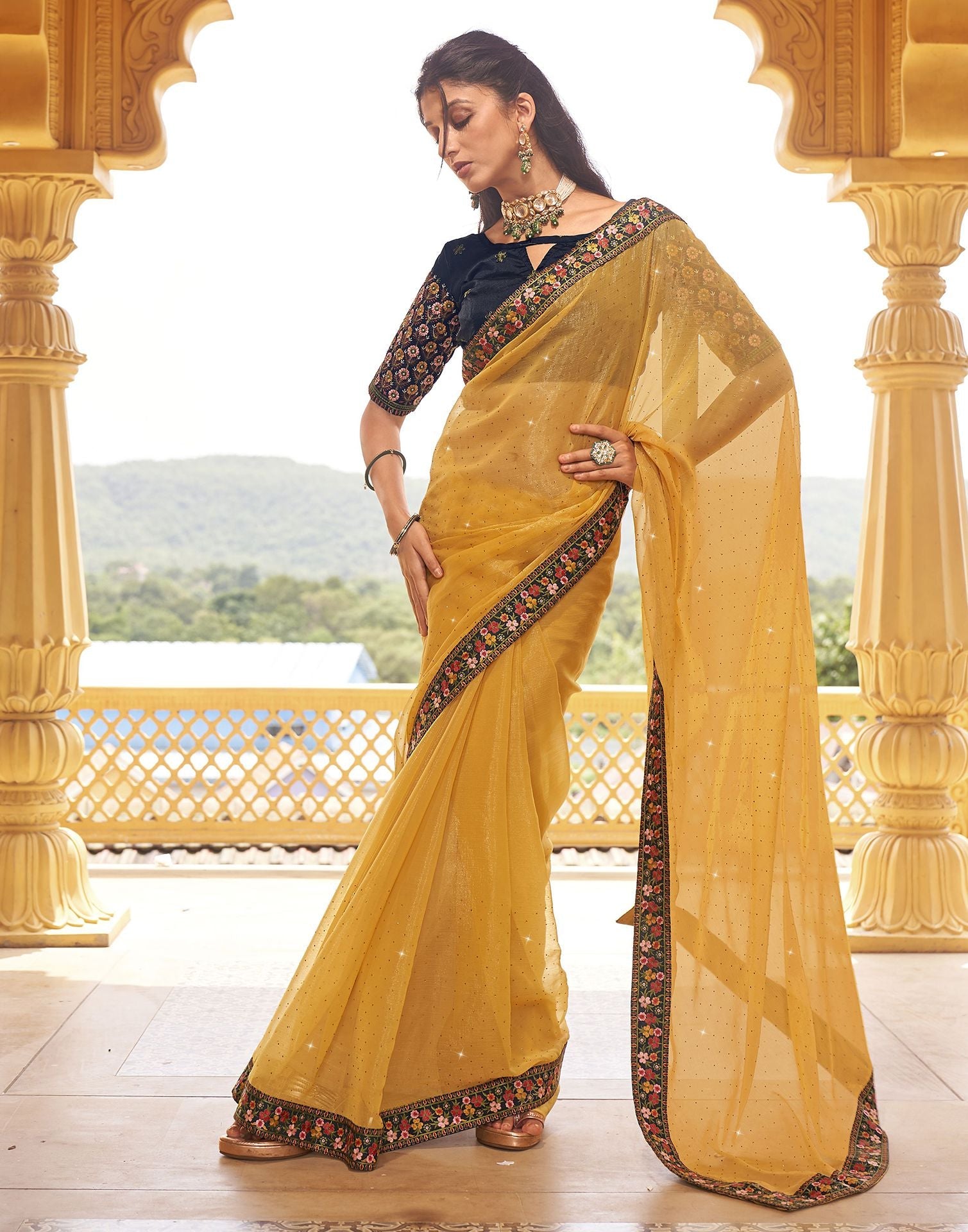 Women's Yellow Pure Chiffon Saree With Hand Embroidered Work Of Pearl –  Trendia