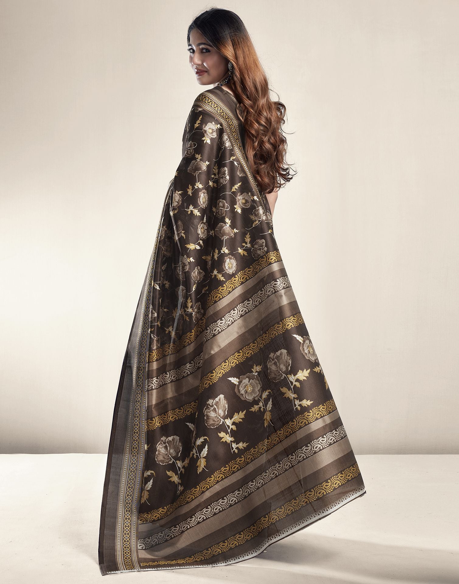 Dark Brown Printed Silk Saree