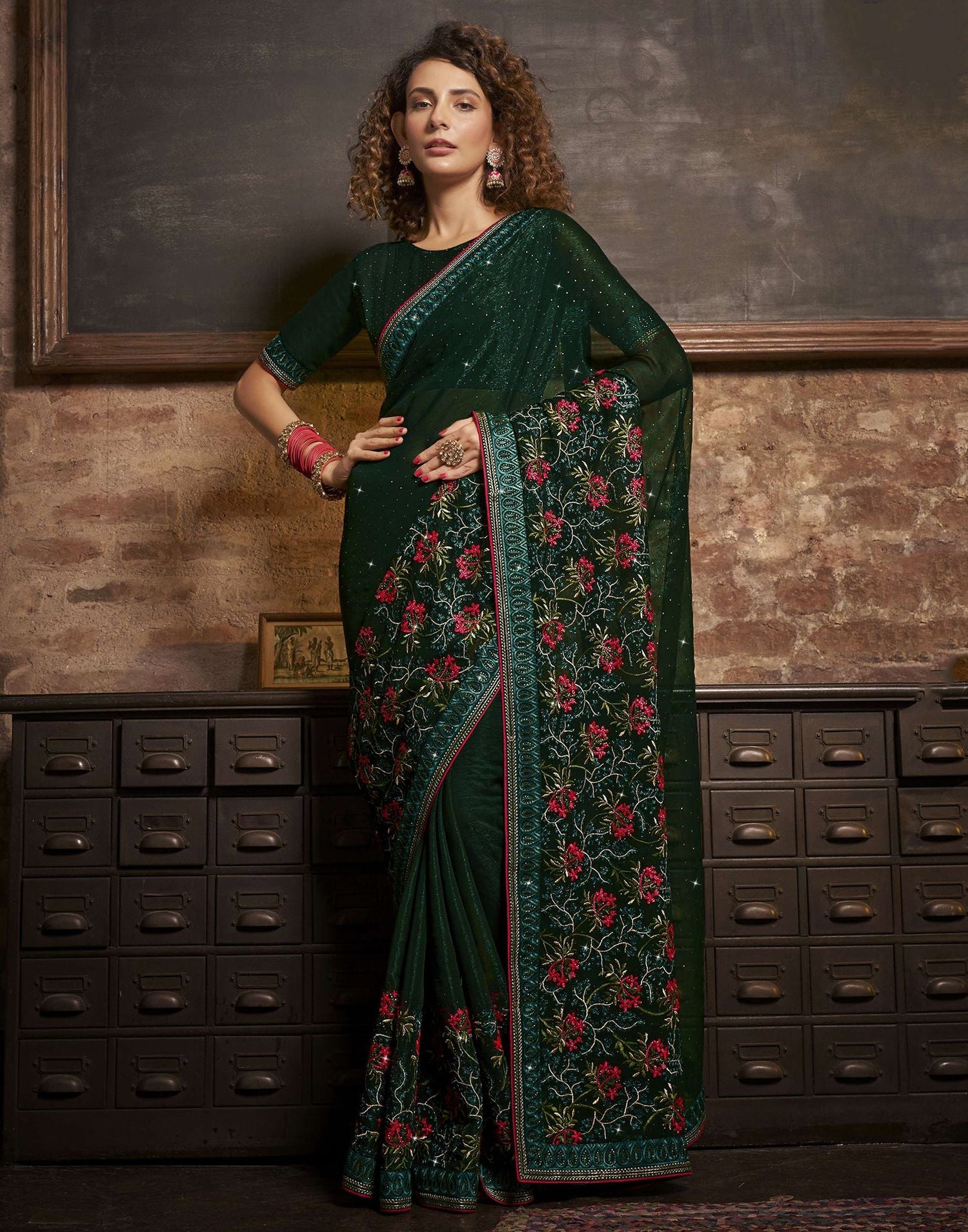 Dark Green Plain Chiffon Saree – Leemboodi