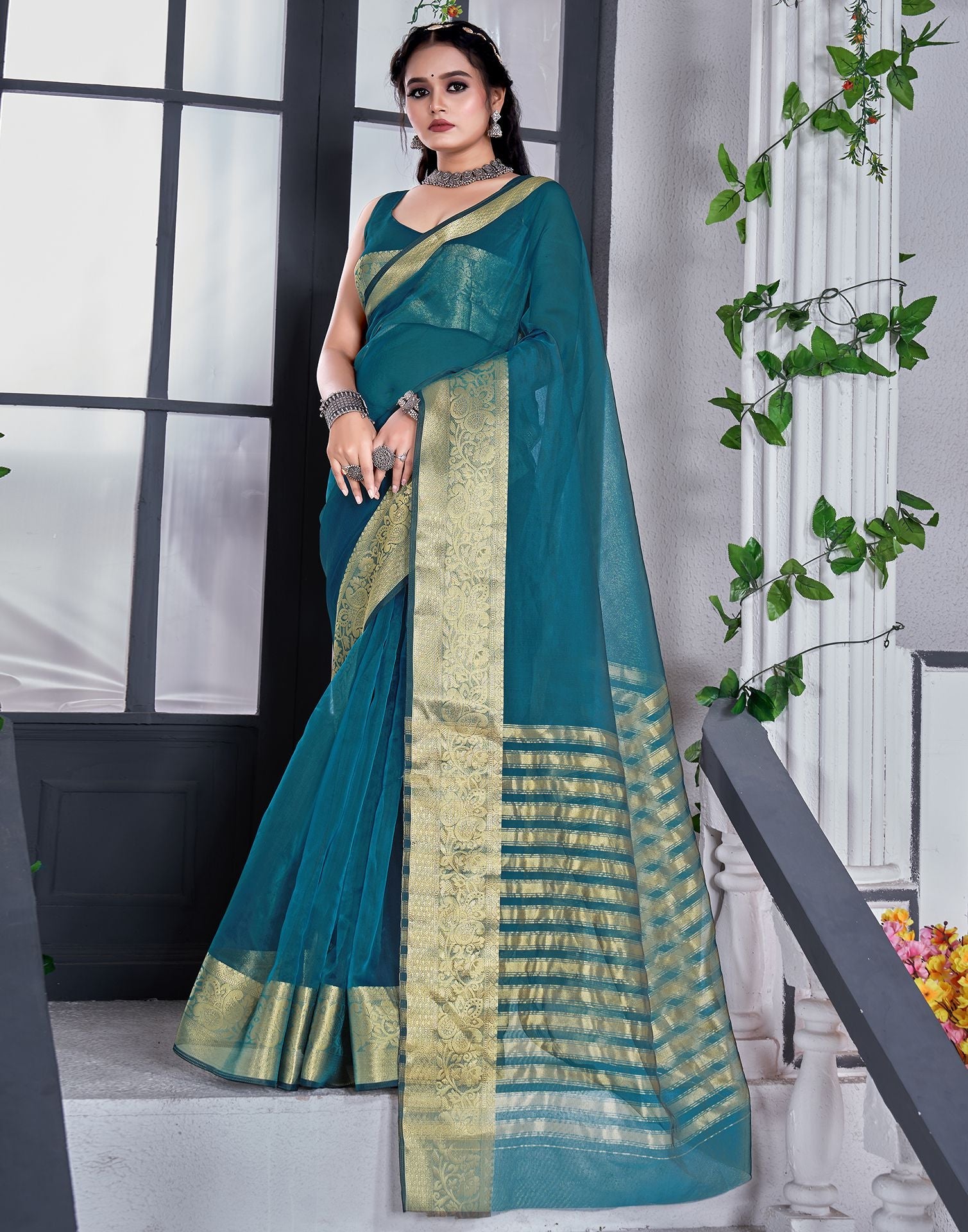 Turquoise Plain Liquid Organza Saree With Lace Border – Fabcurate