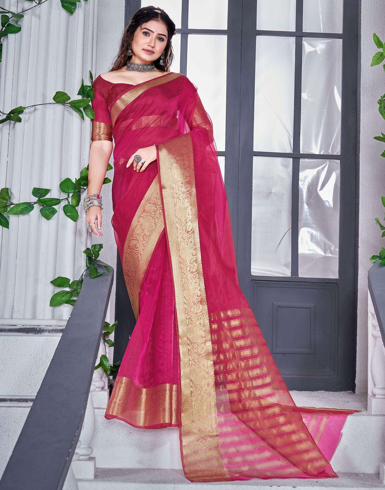 Pink Pure Organza Shadow and Cut Work Saree