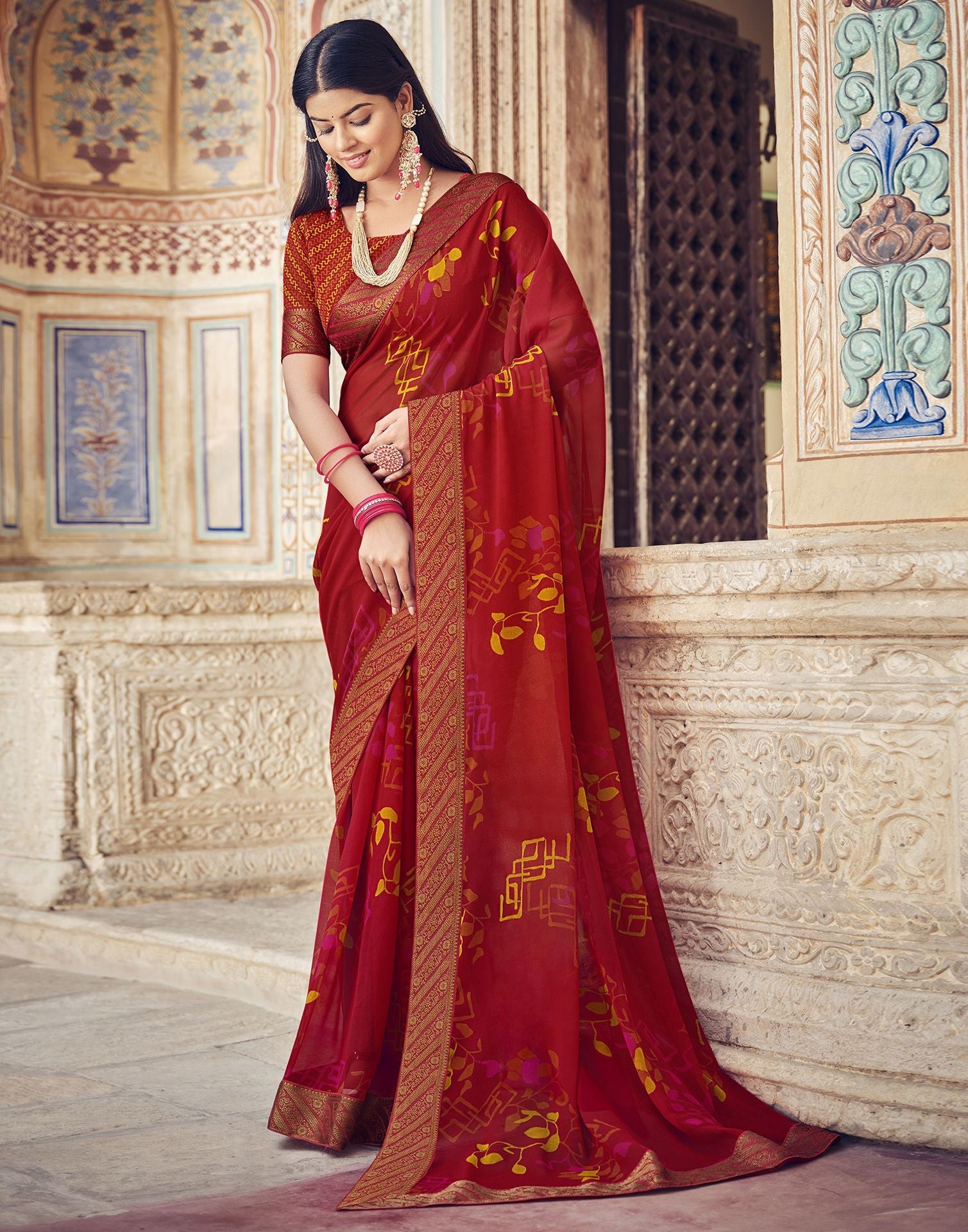 Buy Gorgeous Sarees Online Dark Red Georgette Saree U Neck Online -  SARV0884 | Andaaz Fashion