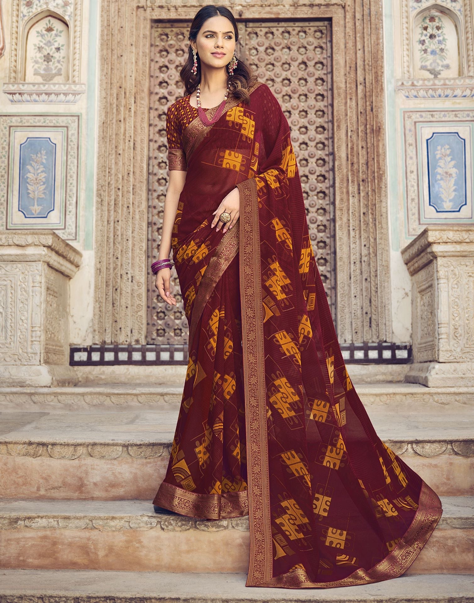 Wine Georgette Saree With Blouse 242933