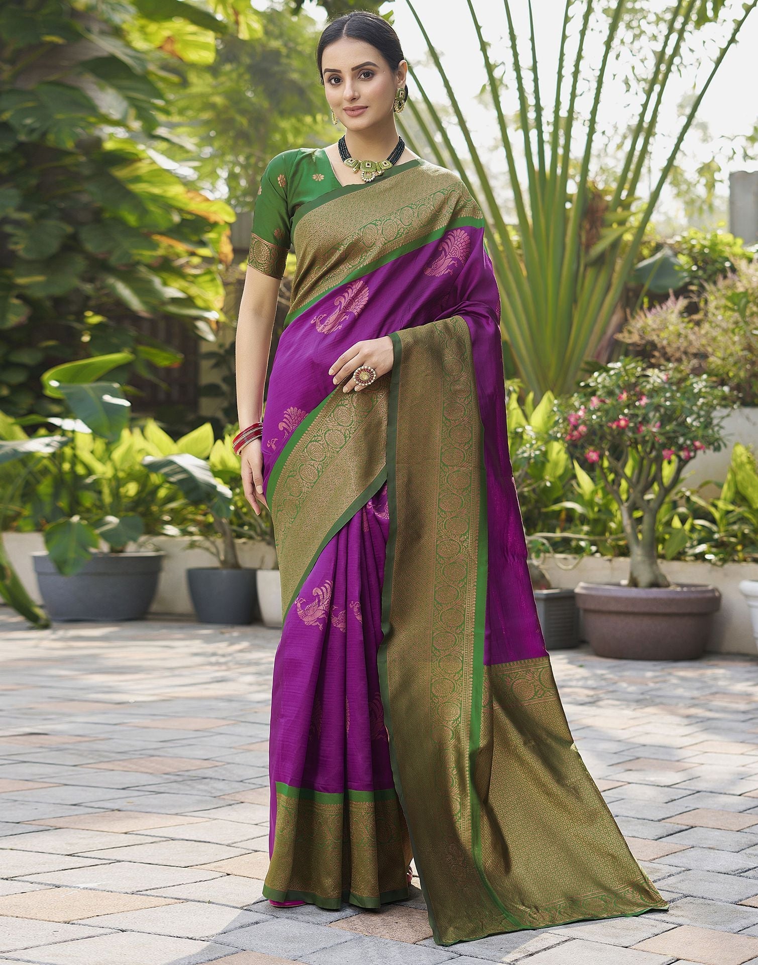 Dark Green & Magenta with Long Broder Soft Silk Pure Kanchivaram Silk Saree  - Sri Arya Silks