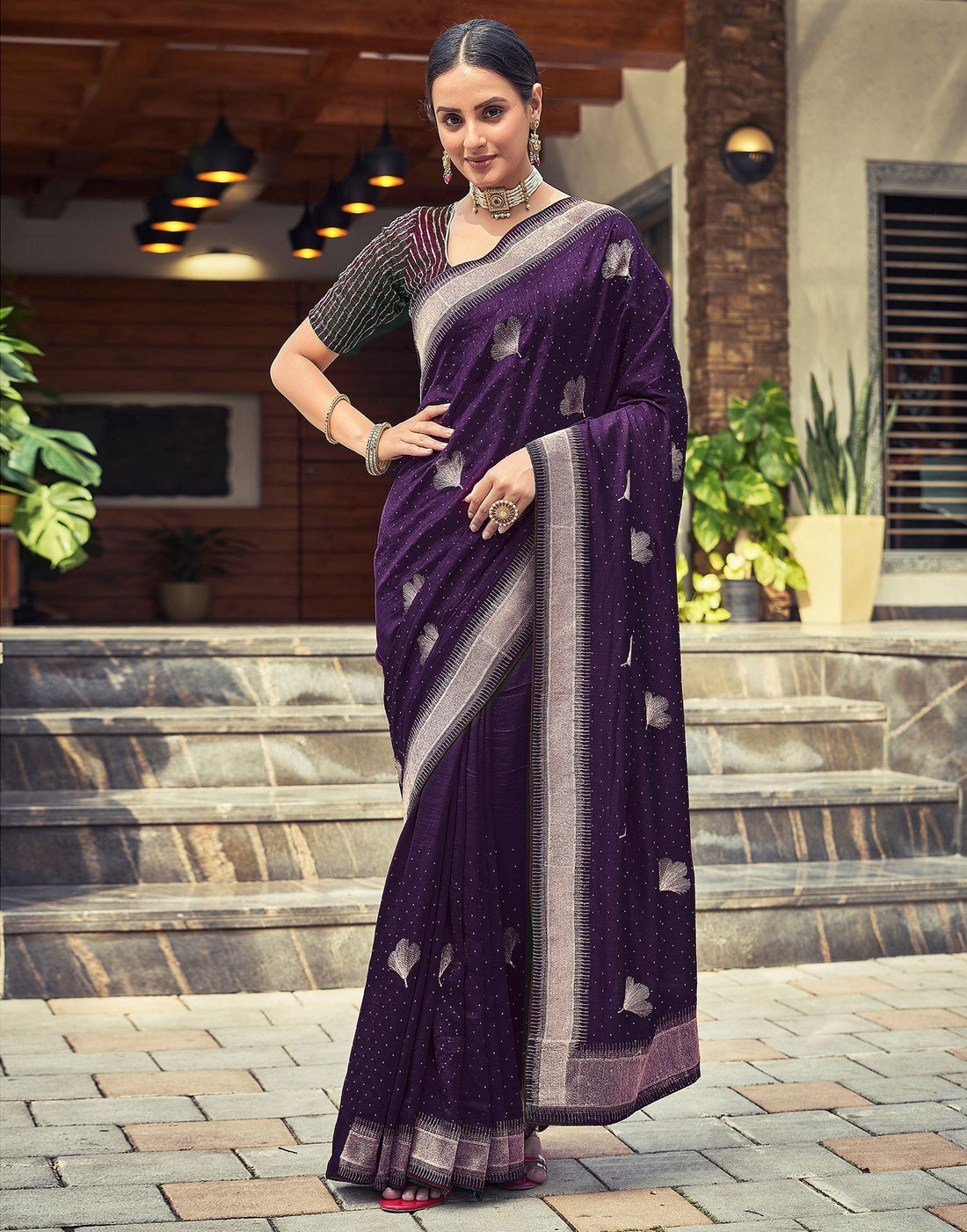 Dark Violet Solid Georgette Saree