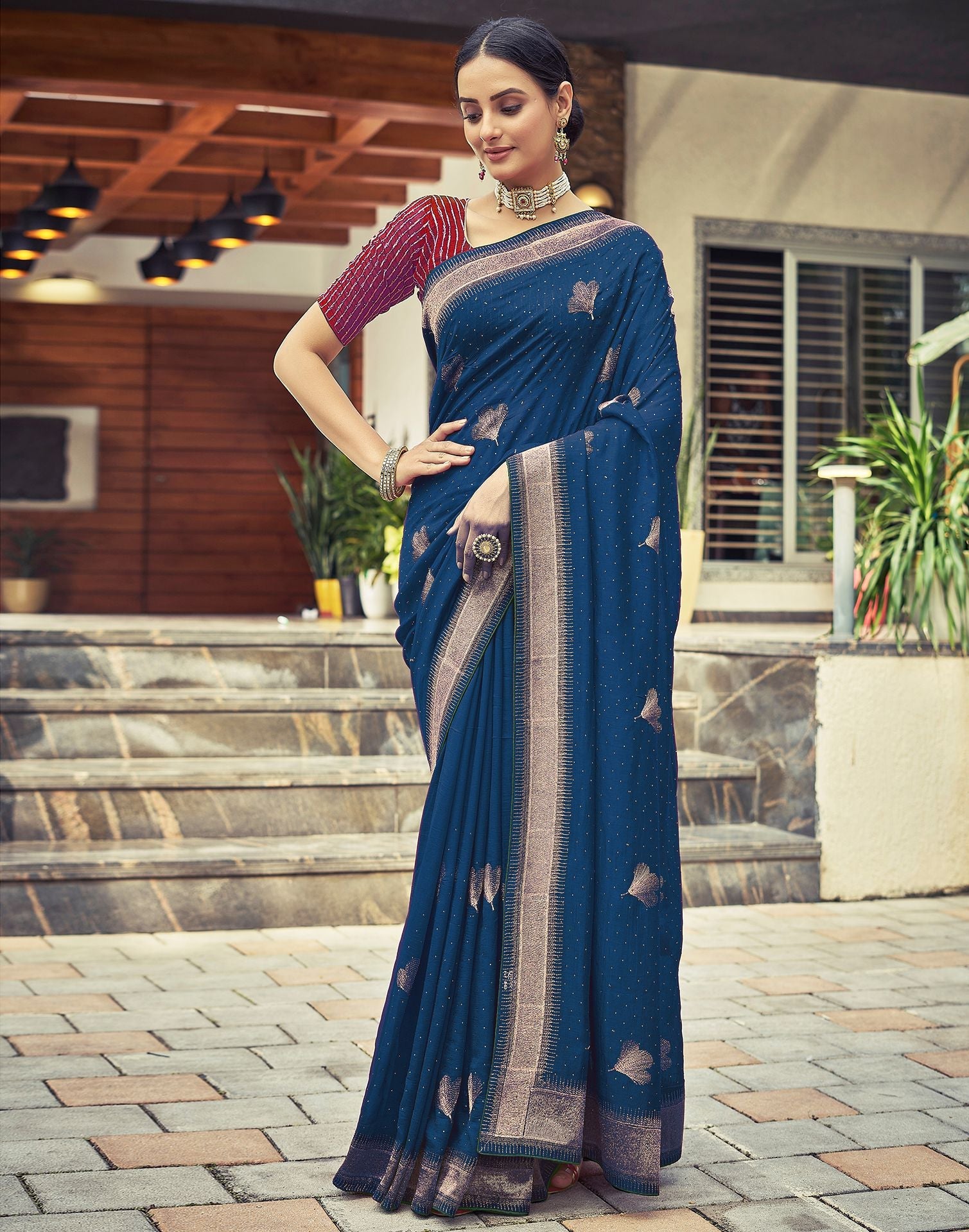 Blue Uppada Silk Handloom Plain Saree with Strips Pallu Design u2061