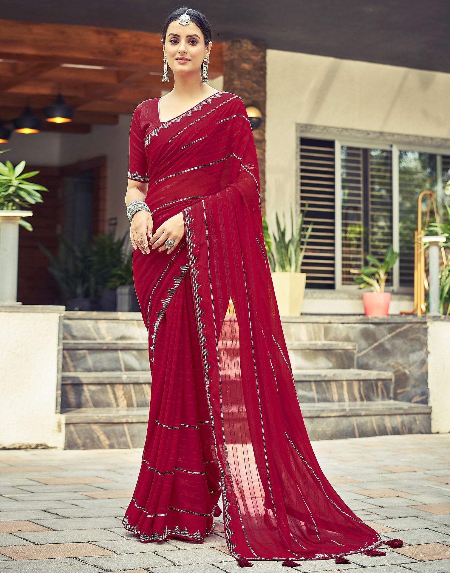 Buy Thread & Button Wine Crushed Saree (Set of 2) with Unstitched online