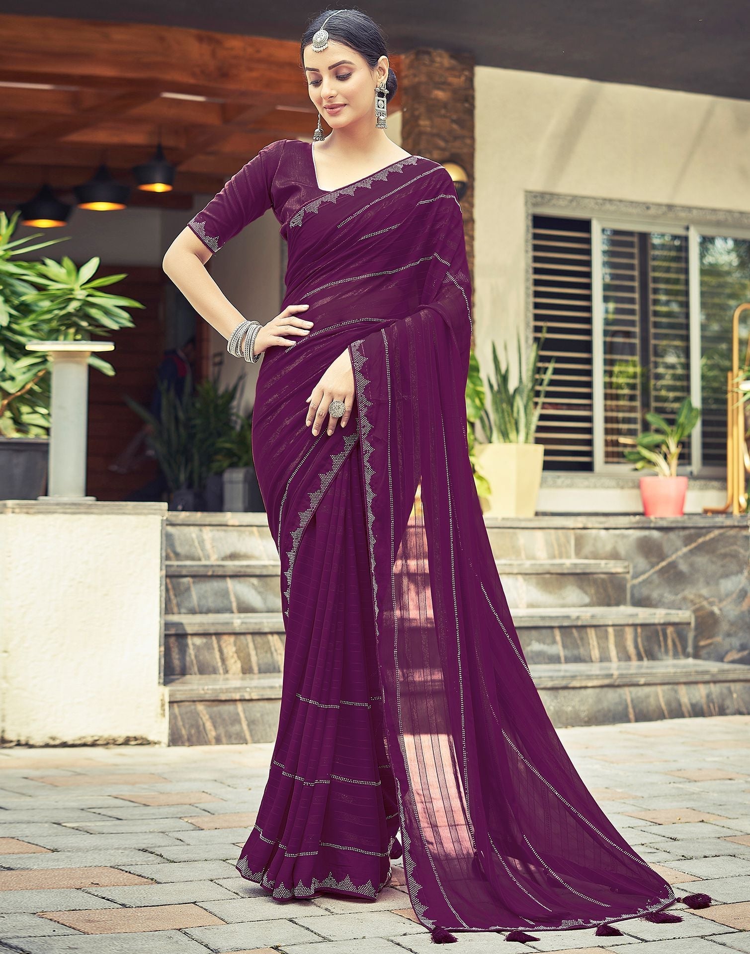 Wine pure georgette plain saree with handwork blouse | Plain saree, Saree,  Stylish sarees