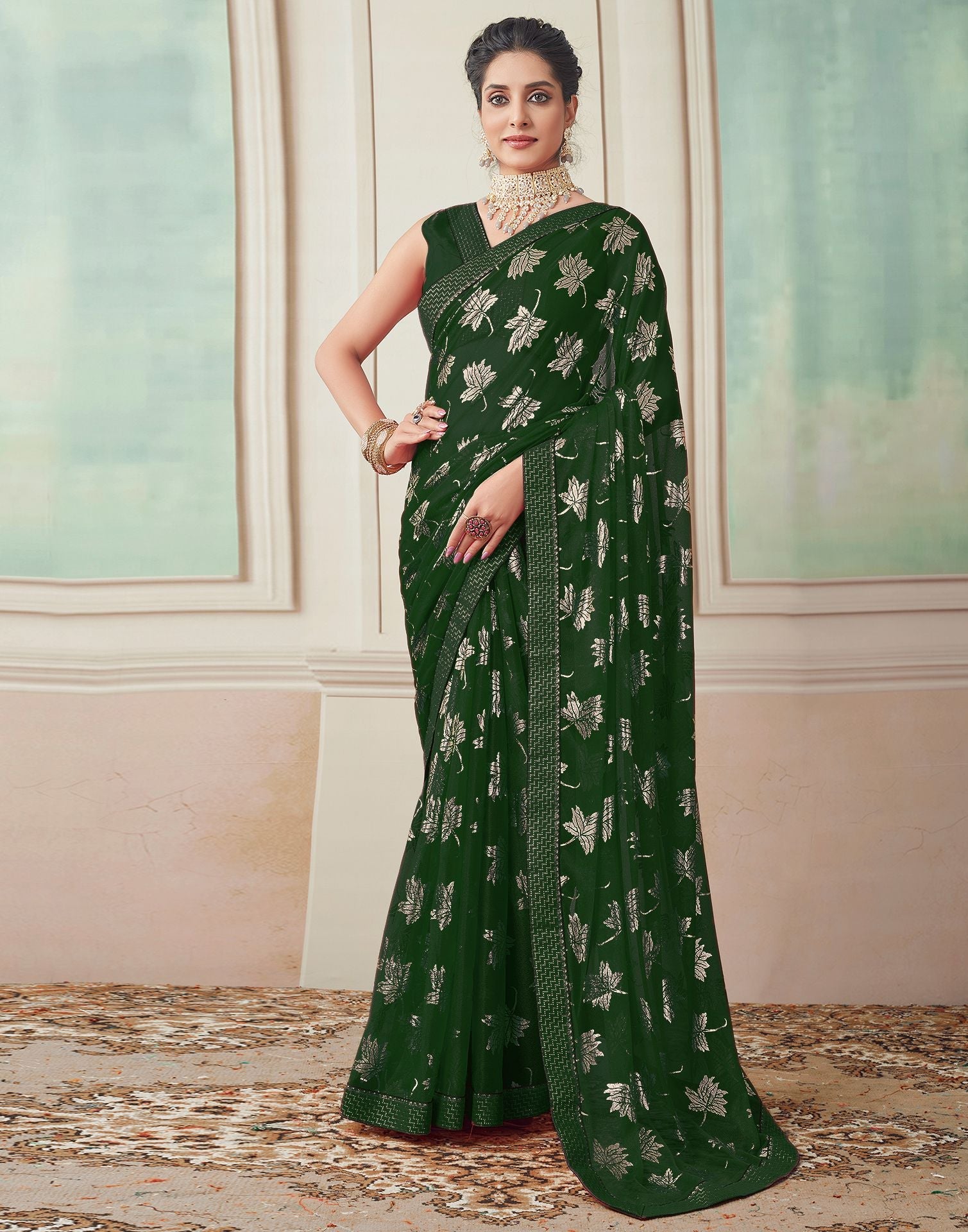 Rama Green and Royal Blue Silk Saree with Embroidered Blouse | Party wear  sarees, Party wear, Saree designs