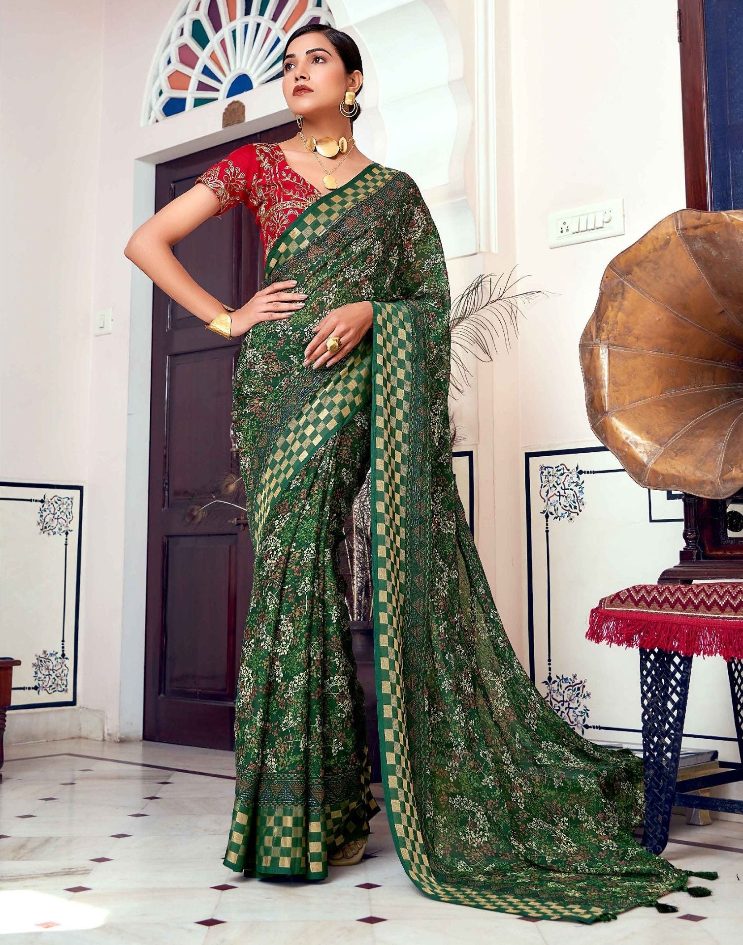 Mitasha Dark Green Zari Georgette Saree for Women – Stilento