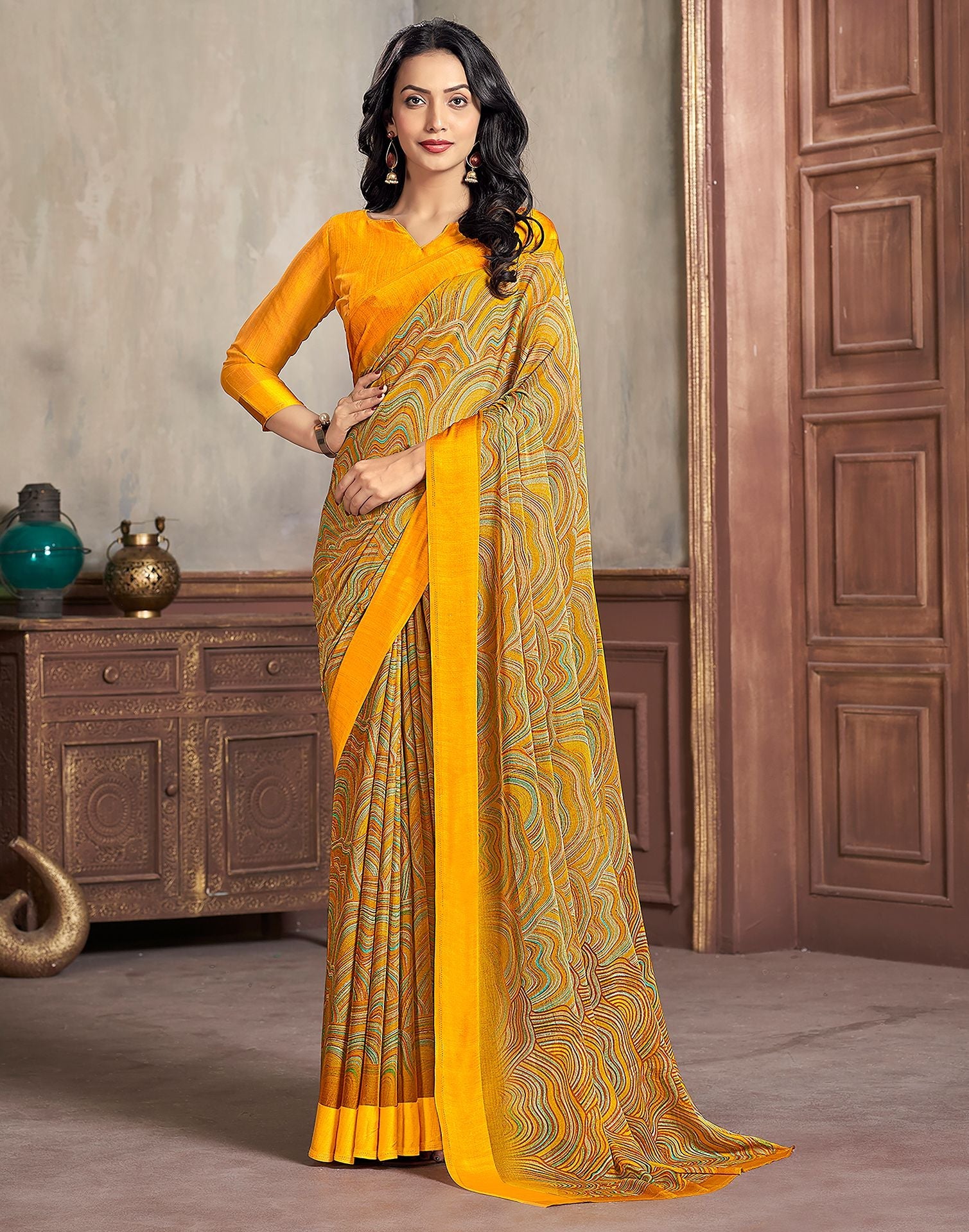 Buy NF Vinay Georgette Saree Mehndi Color at INR 799 online from Surat Suit  Georgette Sarees : Saree Mehndi Color