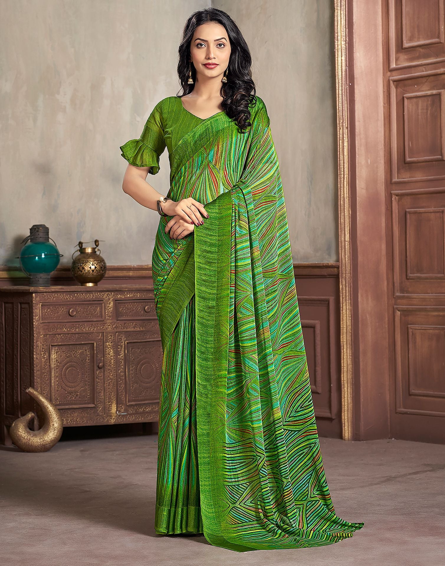 Shibori Style Printed Chiffon Sarees With Blouse - Zakarto