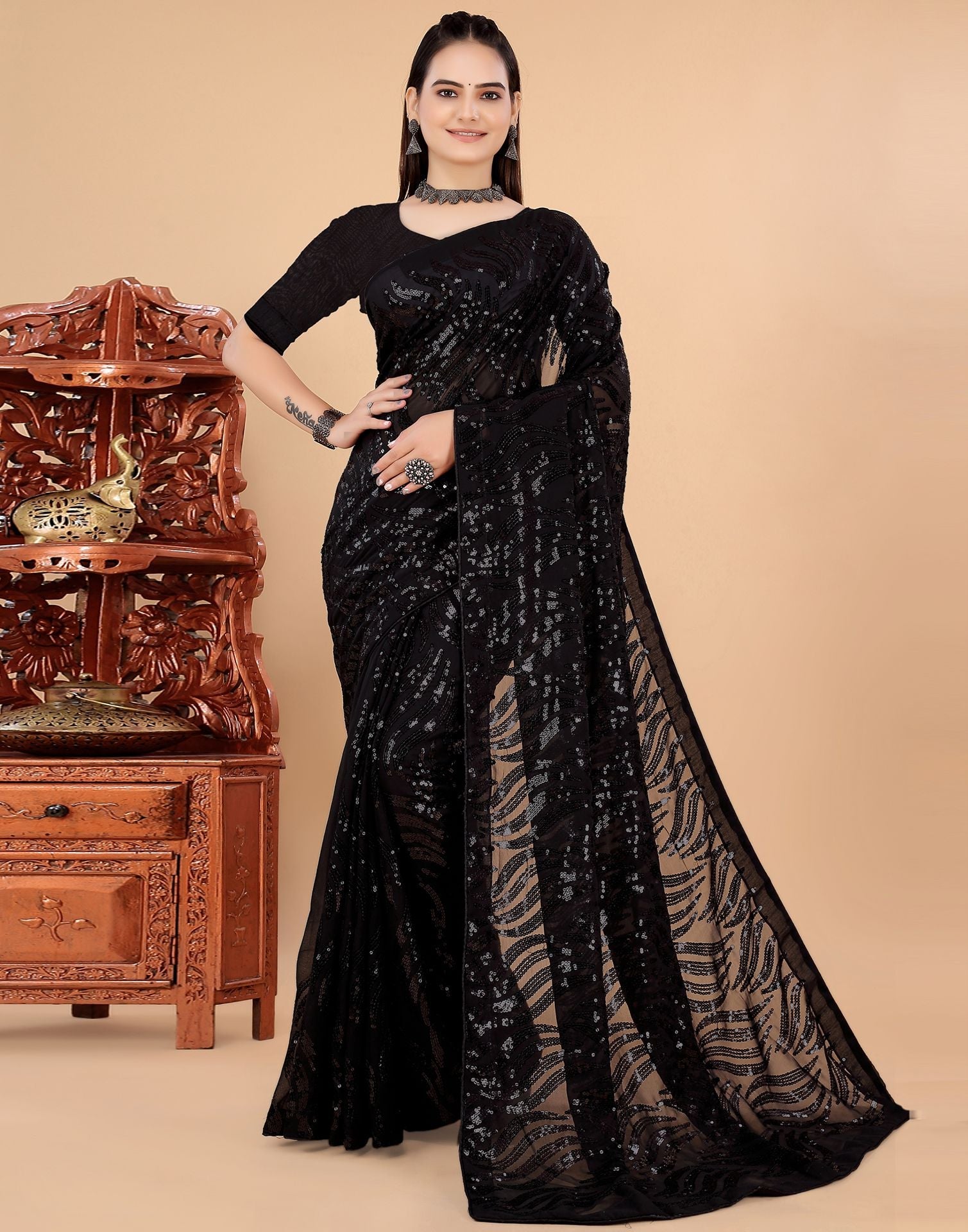 Buy online Black Striped Georgette Saree With Blouse from ethnic wear for  Women by Tikhi Imli for ₹1799 at 47% off | 2024 Limeroad.com