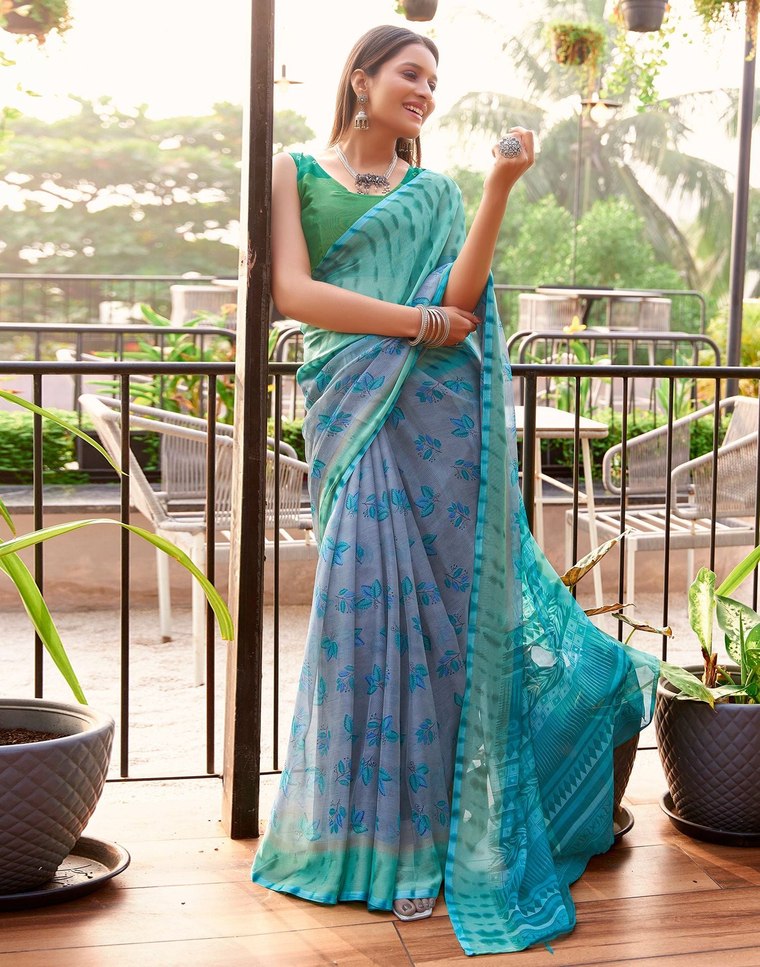 Grey Printed Chiffon Saree