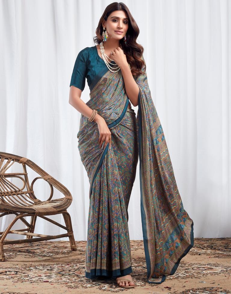 Rama Blue Silk Printed Sarees