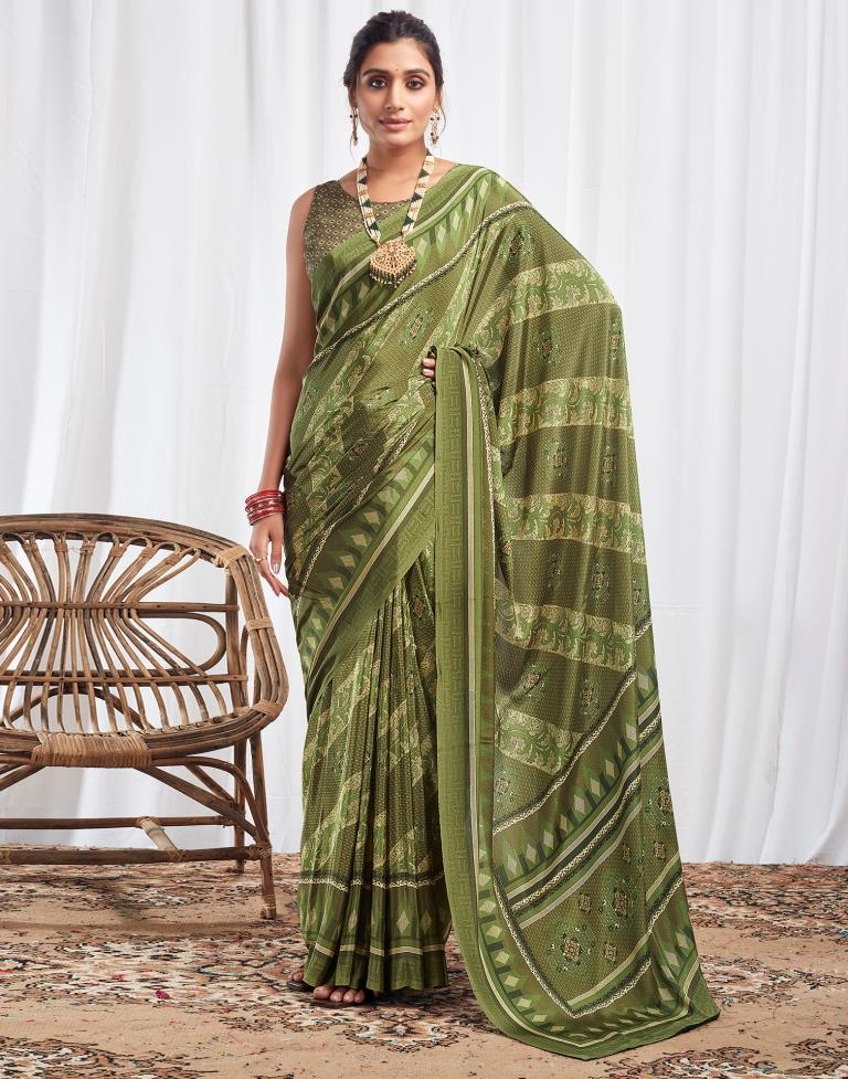 Mehndi Green Silk Printed Sarees