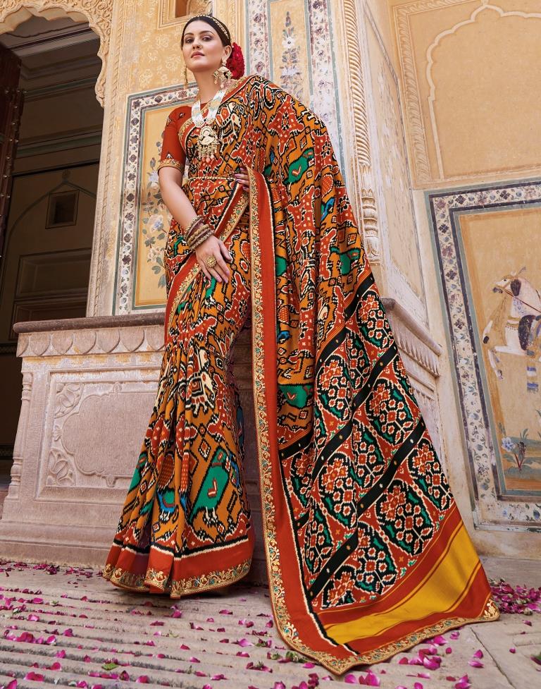 Dark Orange Silk Printed Saree