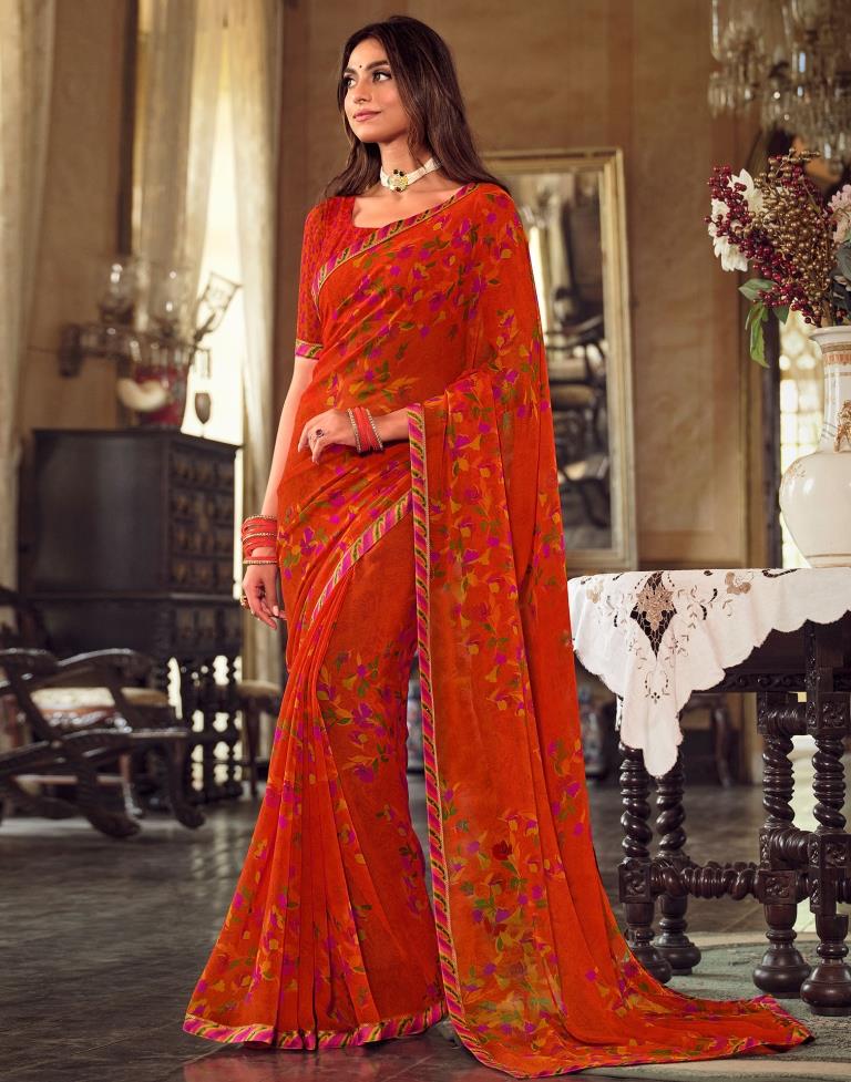 Orange Georgette Printed Saree