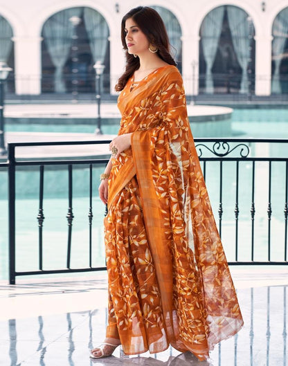 Dark Orange Cotton Printed Saree