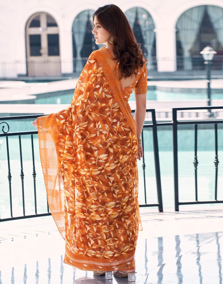 Dark Orange Cotton Printed Saree