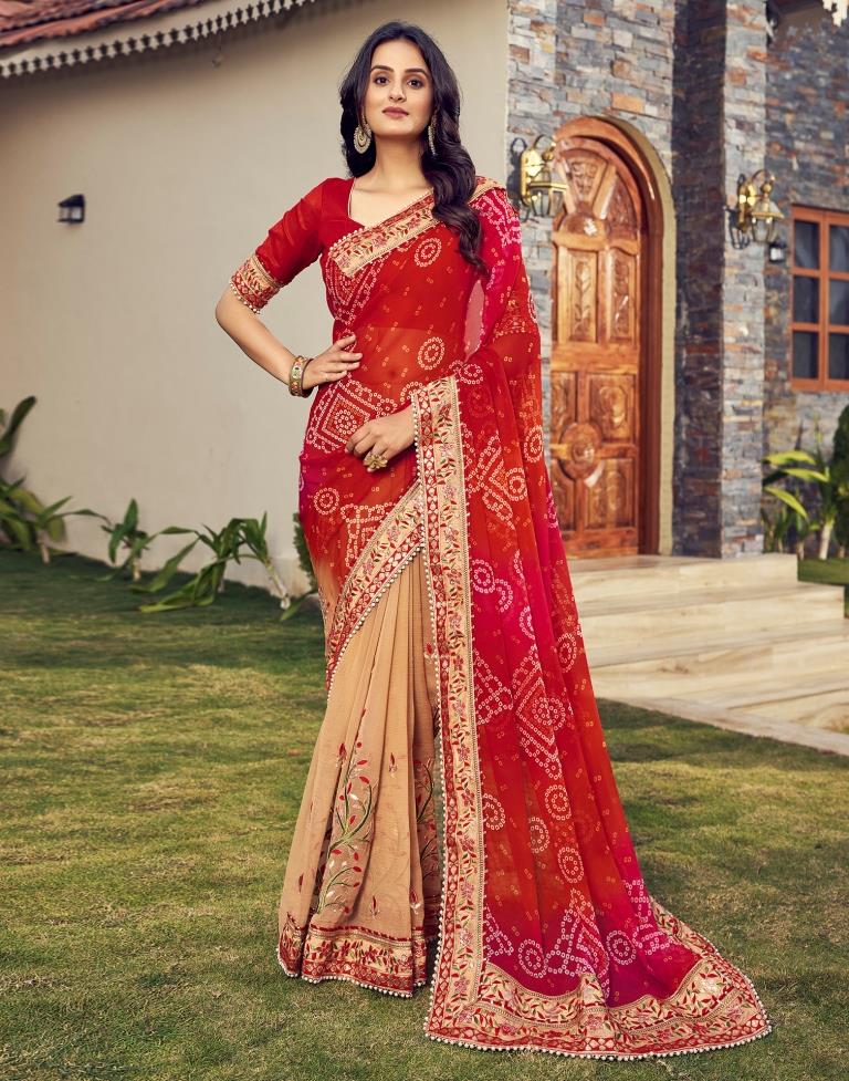 Red Chiffon Printed  Saree