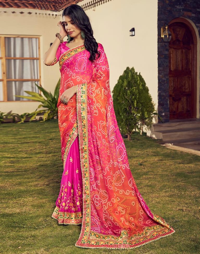 Orange &amp; Pink Chiffon Printed  Saree