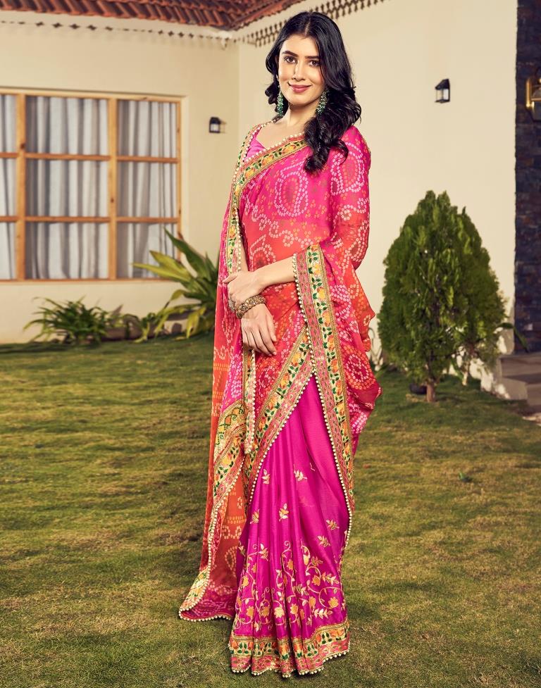 Orange &amp; Pink Chiffon Printed  Saree