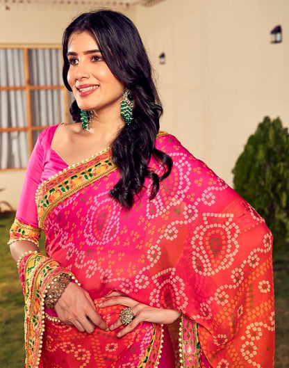 Orange &amp; Pink Chiffon Printed  Saree