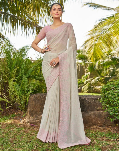 Dusty Light Green Georgette Embroidery Saree