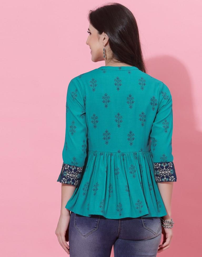 Turquoise Cotton Embroidery Tunic Top