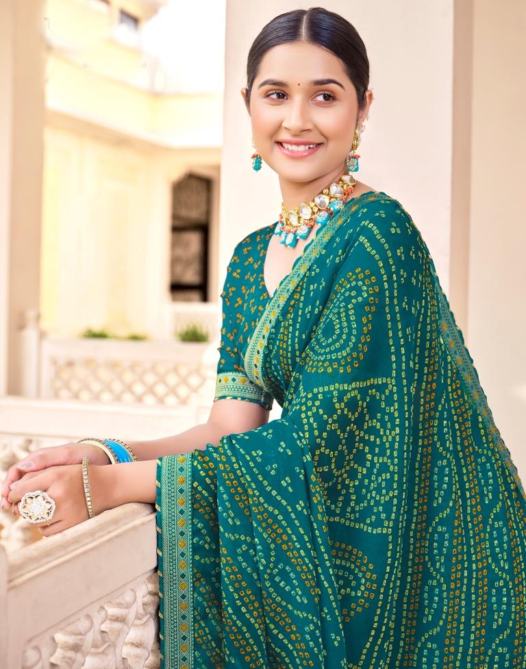Turquoise Chiffon Bandhani Saree Leemboodi