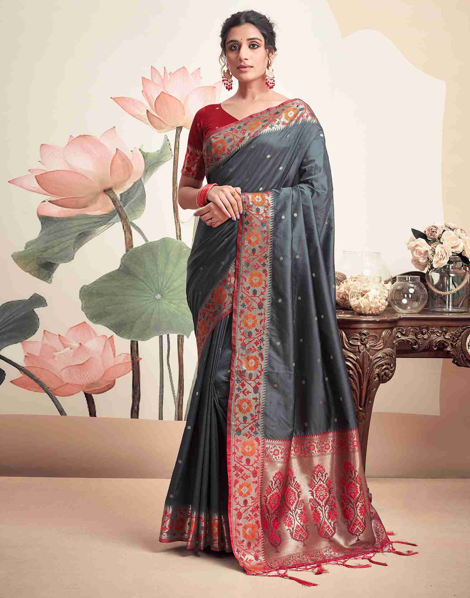 Grey Silk Plain Saree