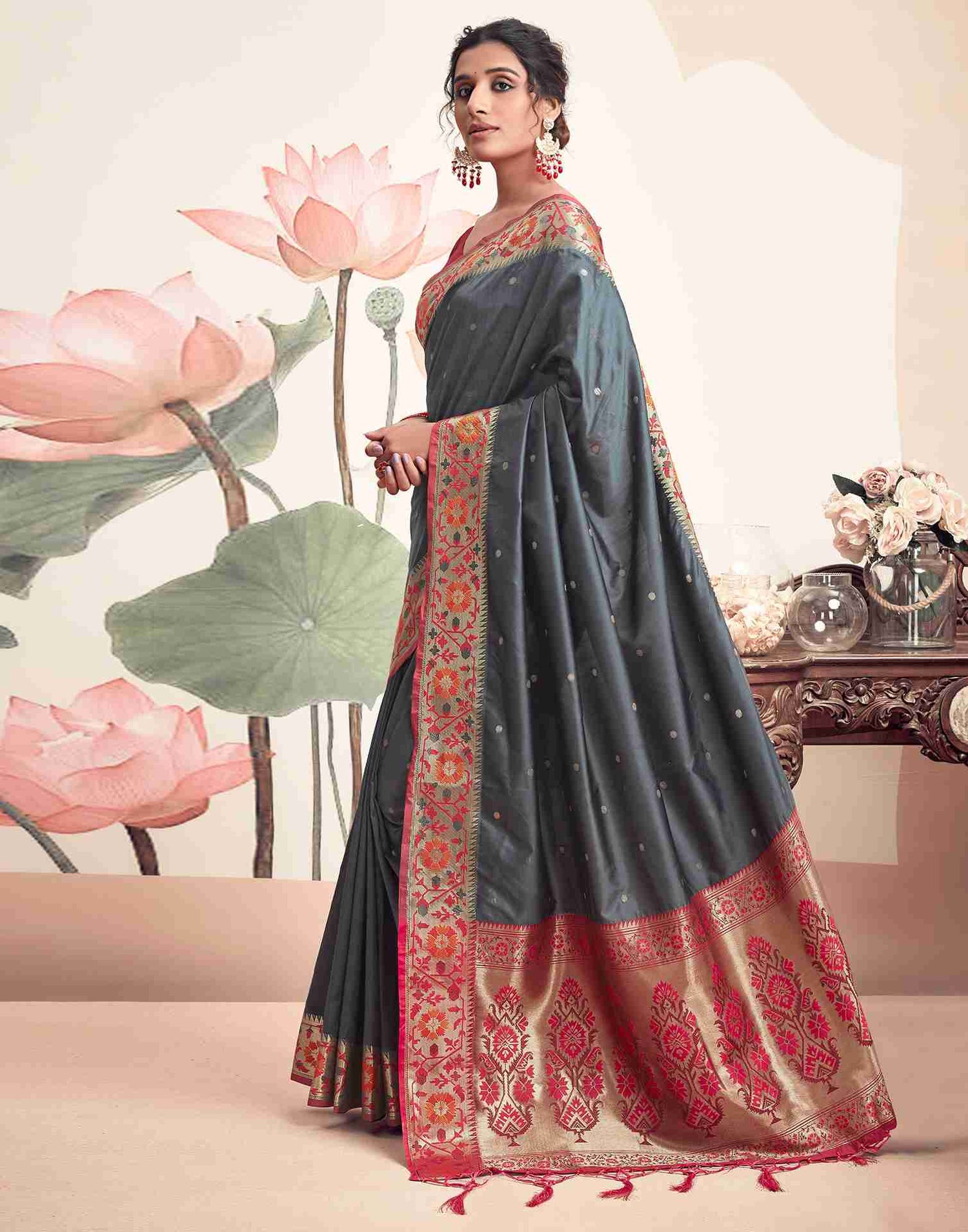 Grey Silk Plain Saree