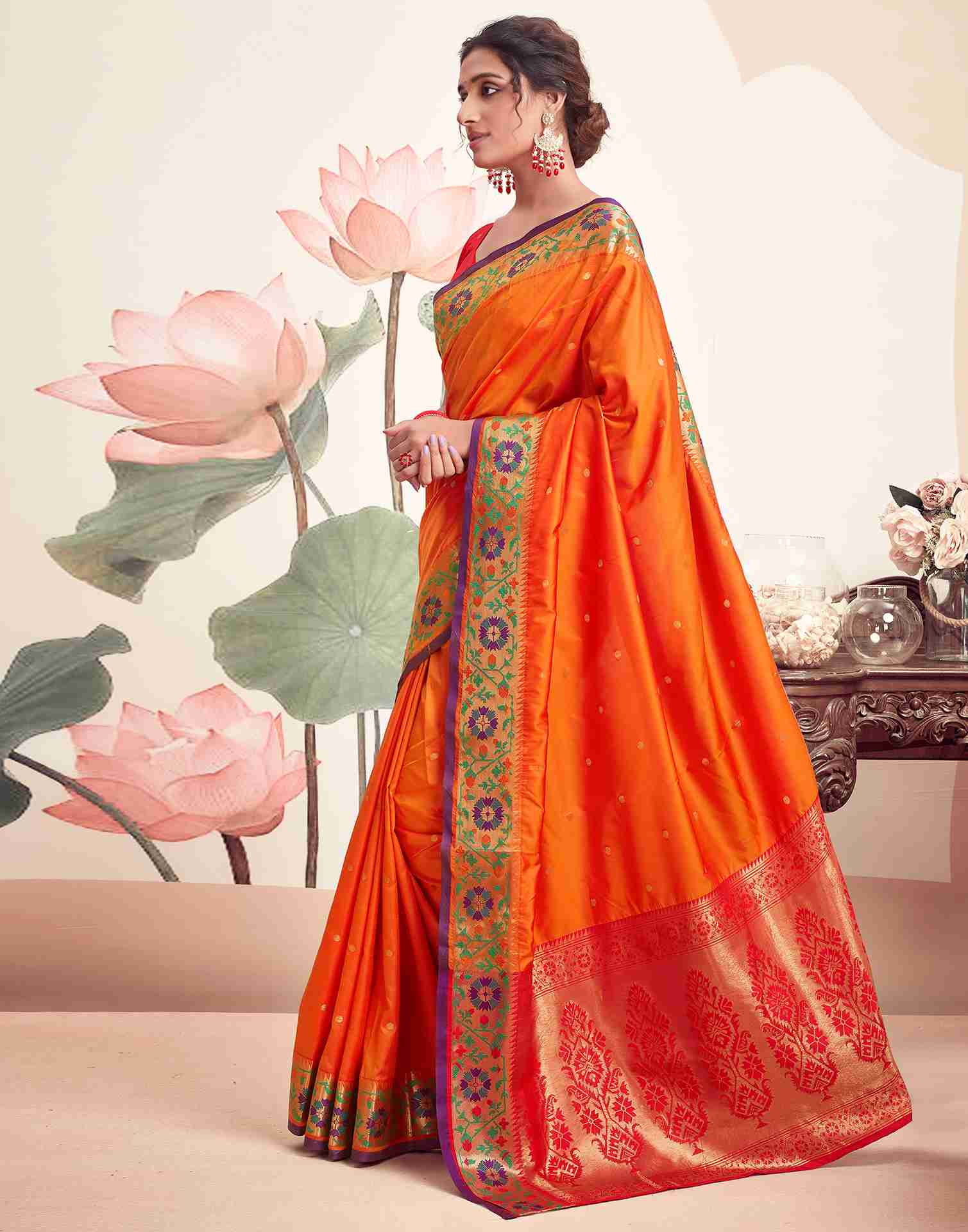 Orange Silk Plain Saree