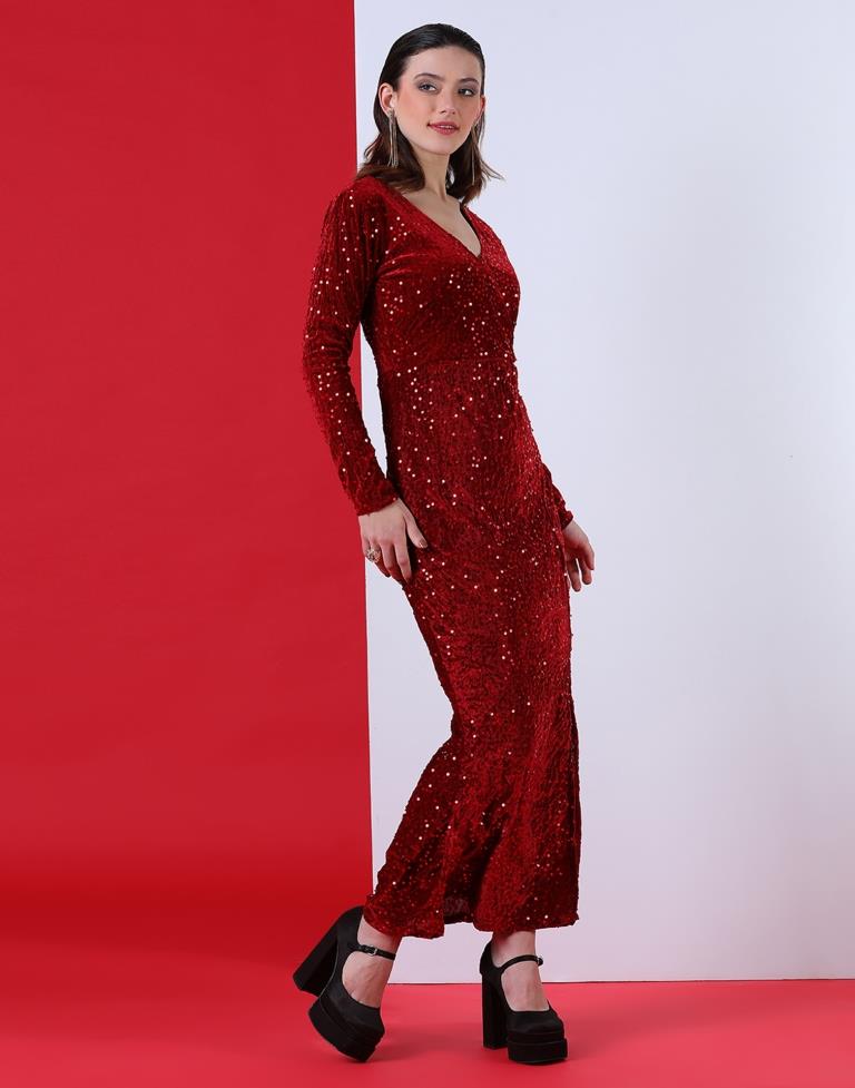 Red Partywear sequin Gown