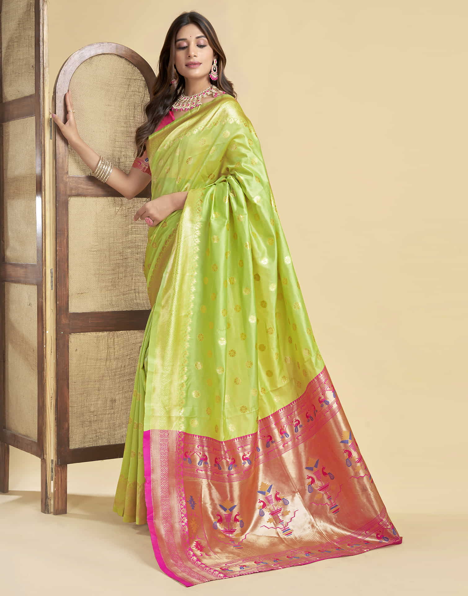 Limegreen Silk Woven Paithani Saree