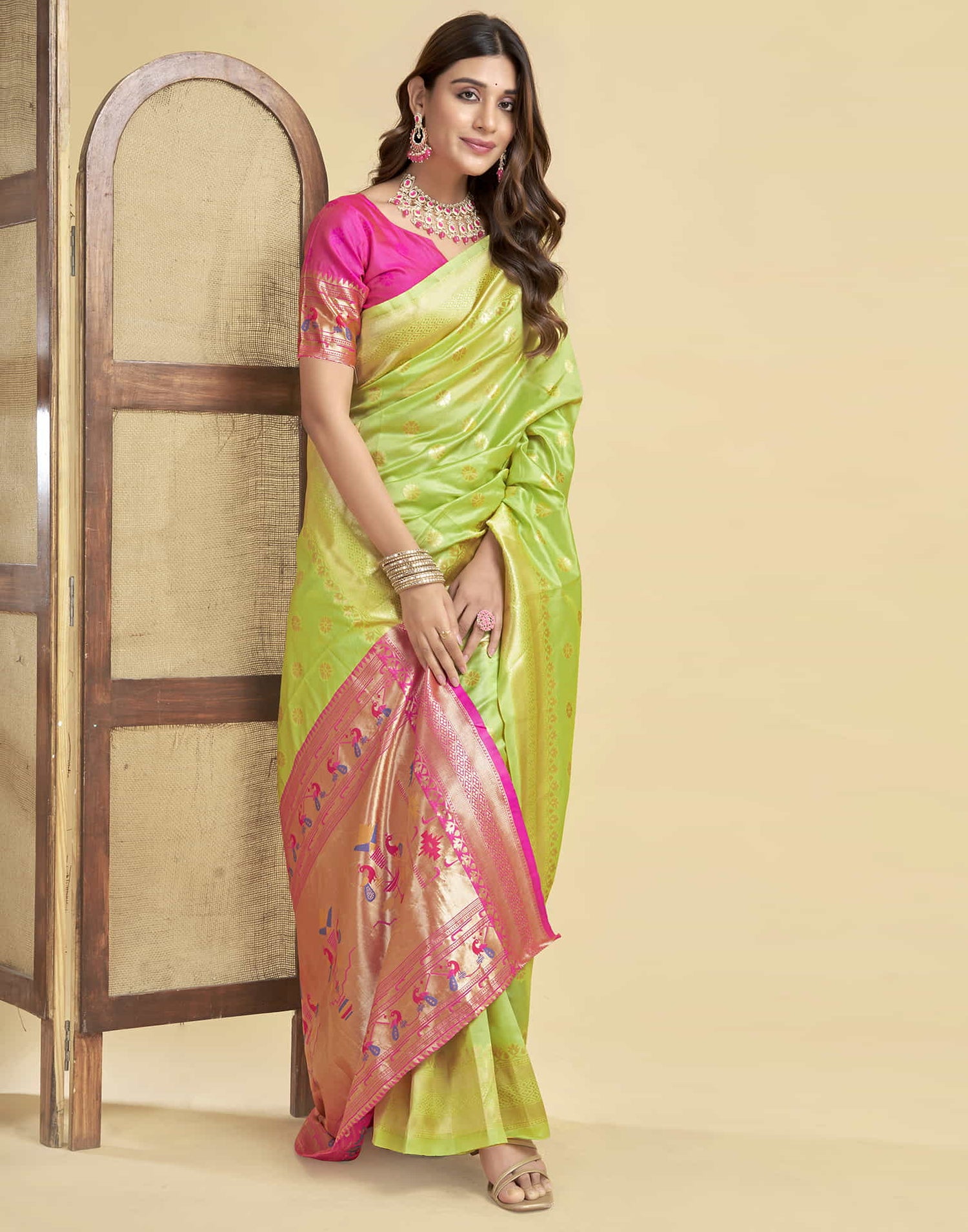 Limegreen Silk Woven Paithani Saree