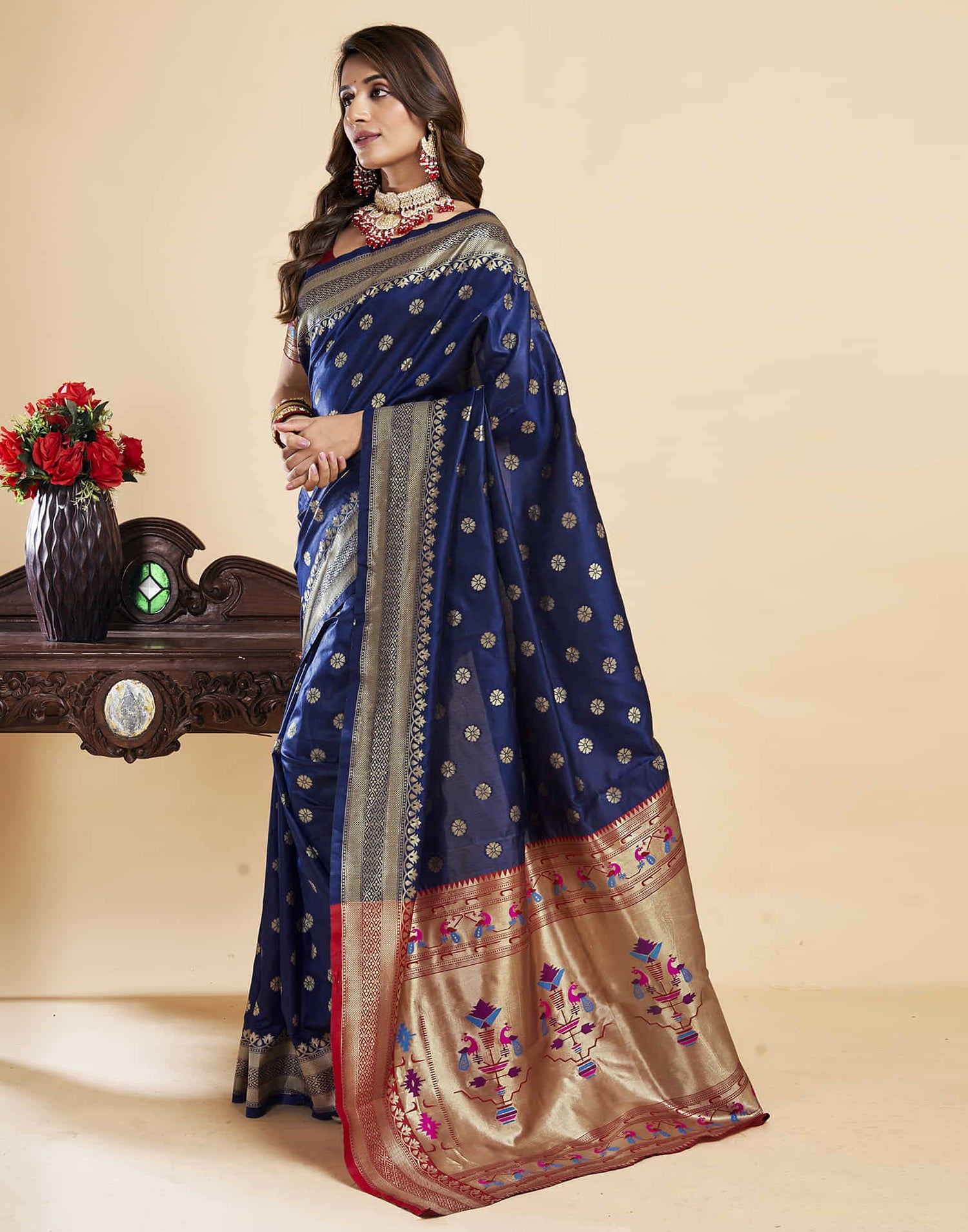 Navy Blue Silk Woven Paithani Saree