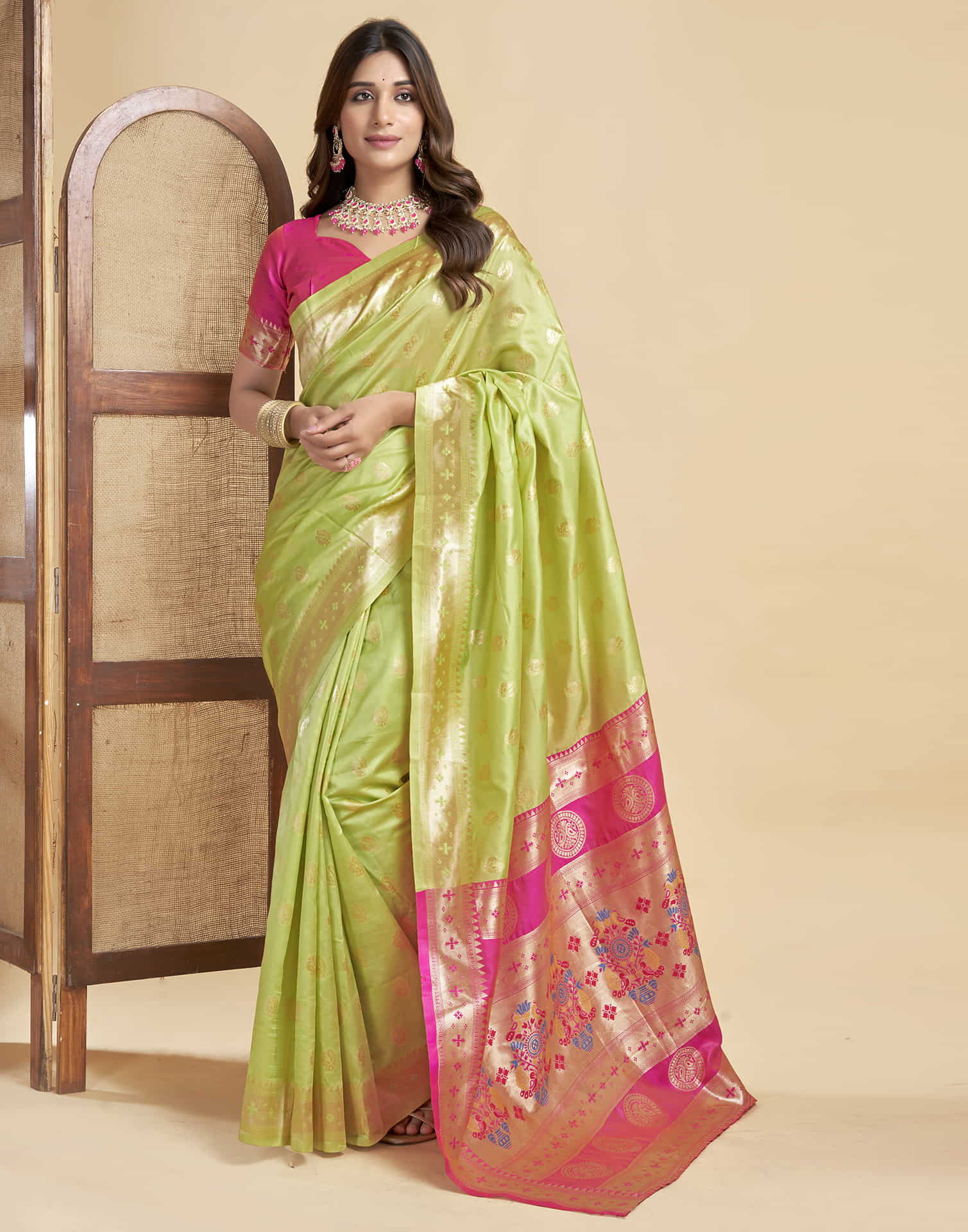 Lime Green Silk Woven Paithani Saree