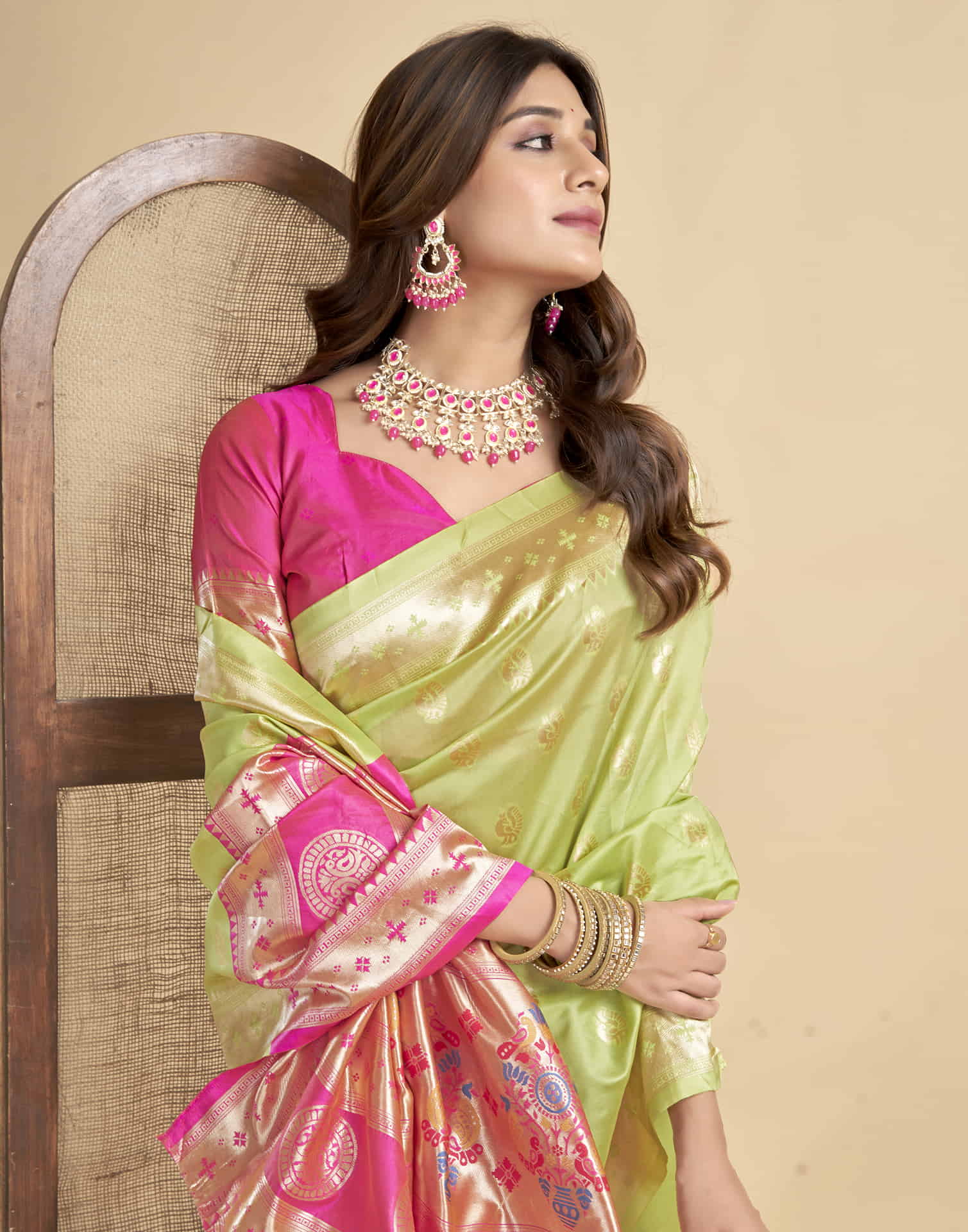 Lime Green Silk Woven Paithani Saree