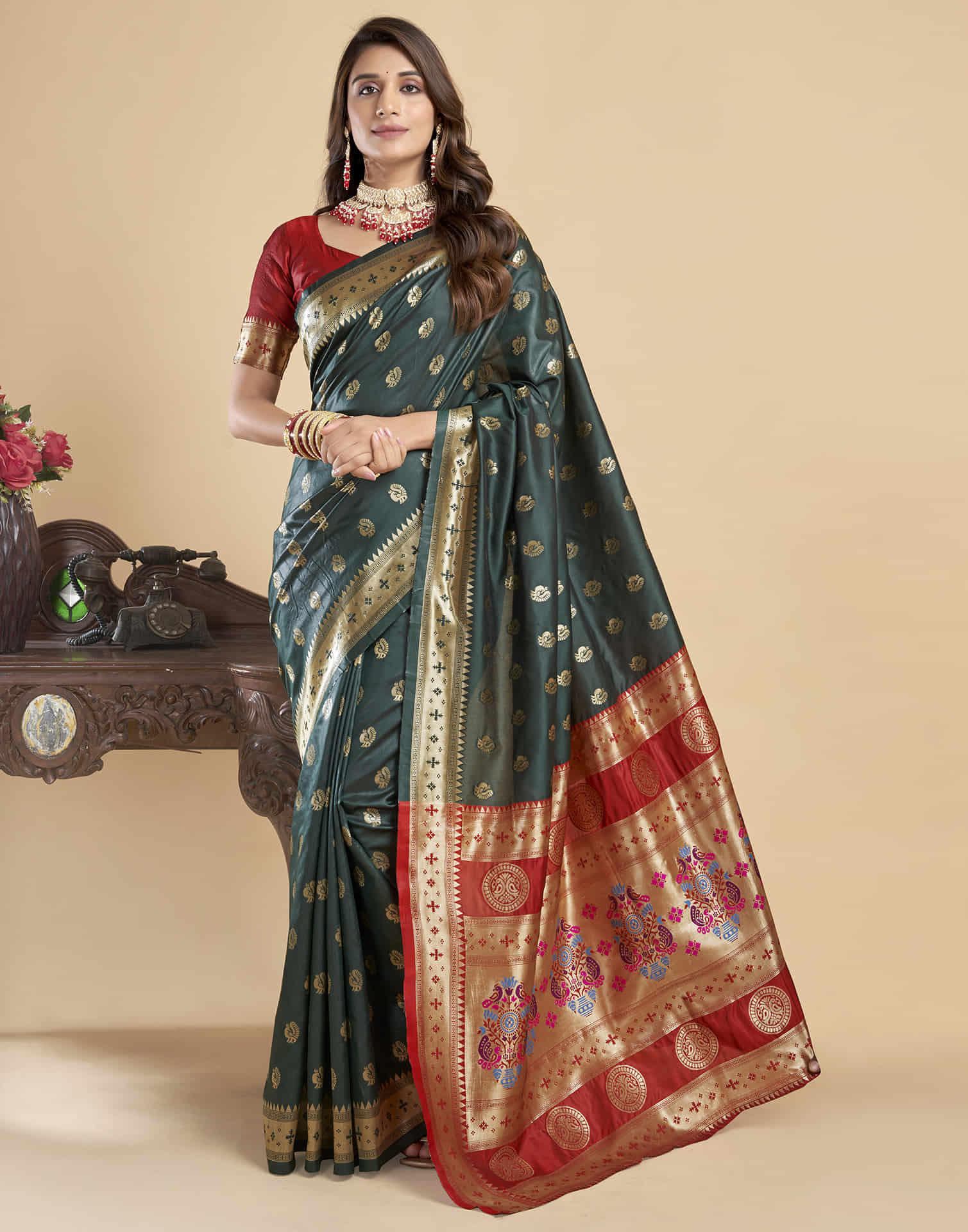 Dark Green Silk Woven Paithani Saree