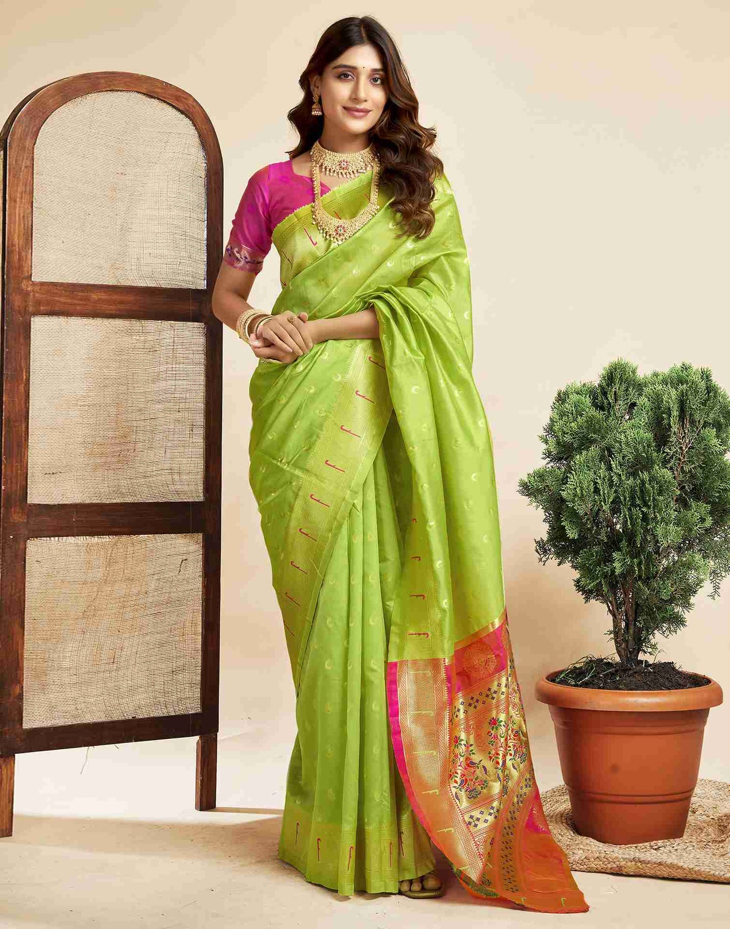 Lime Green Silk Woven Paithani Saree