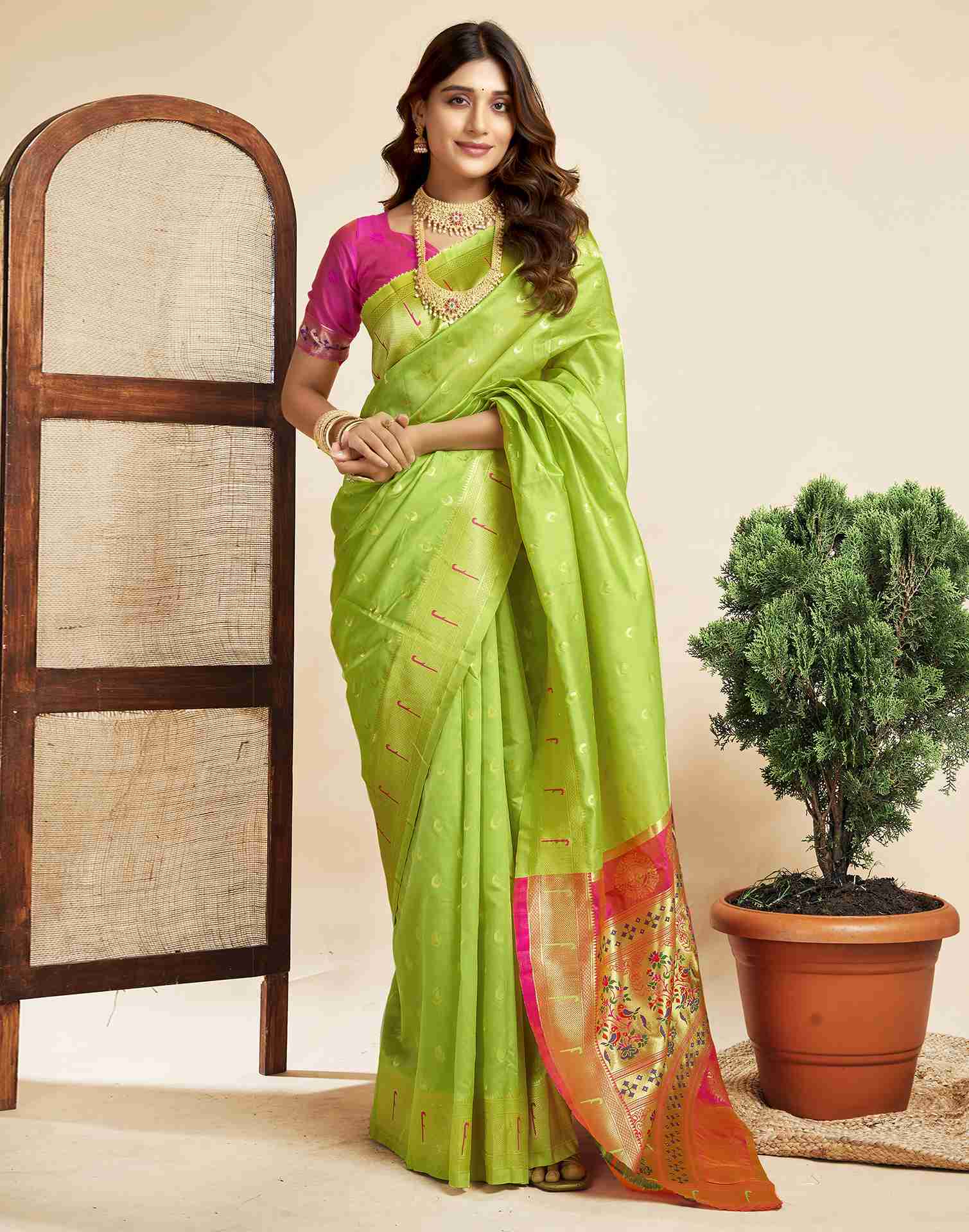 Lime Green Silk Woven Paithani Saree