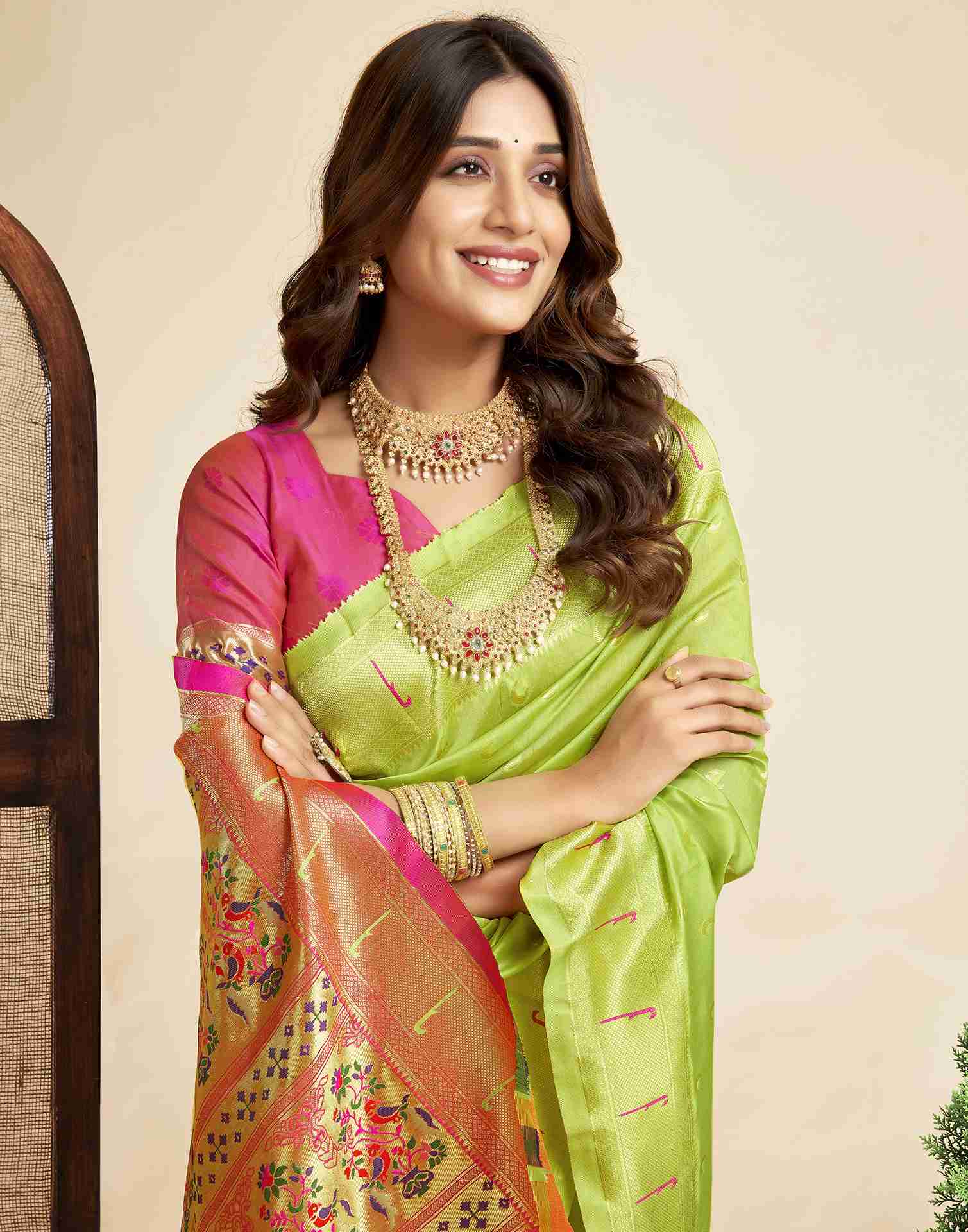 Lime Green Silk Woven Paithani Saree