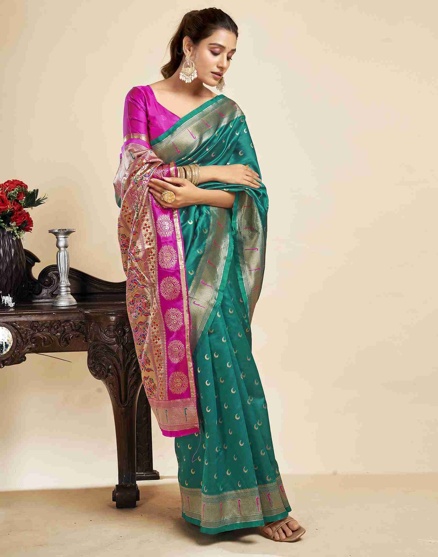 Teal Green Silk Woven Paithani Saree