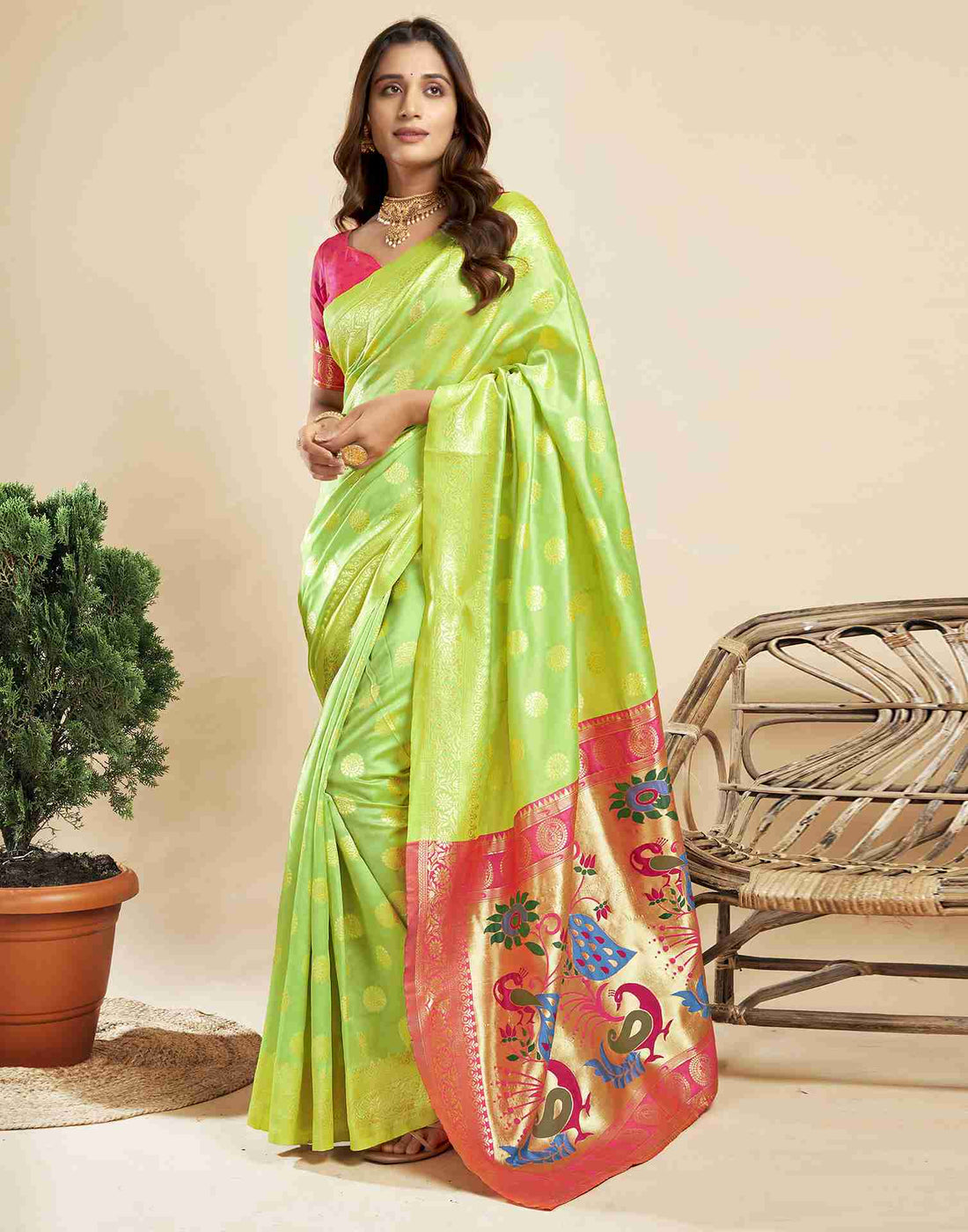 Lime Green Silk Woven Paithani Saree