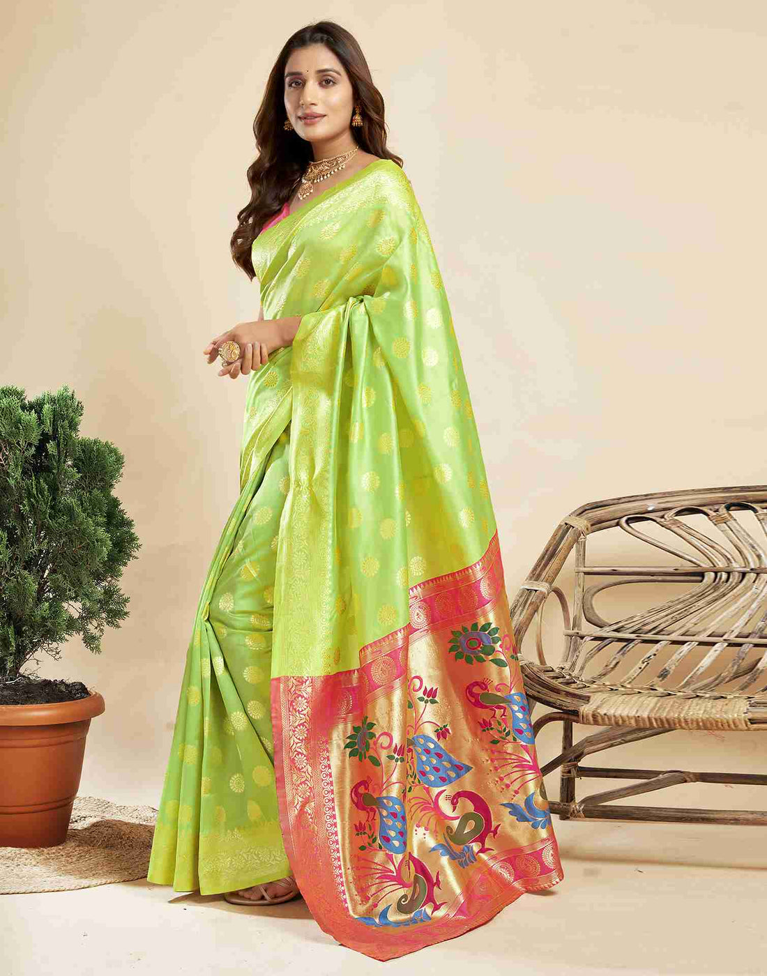 Lime Green Silk Woven Paithani Saree